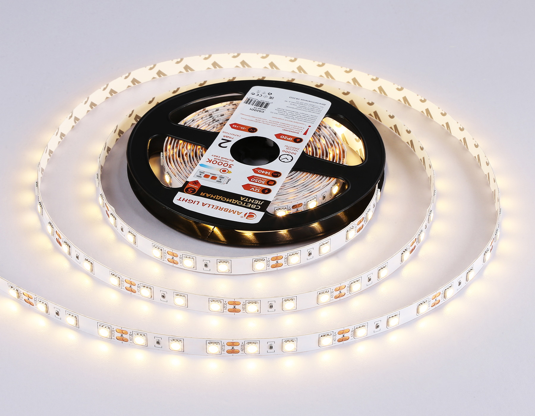 GS2001 5050 60Led/ 14.4W m/ 12V IP20 3000K/ 5000*10*1.87mm (2 конт.)