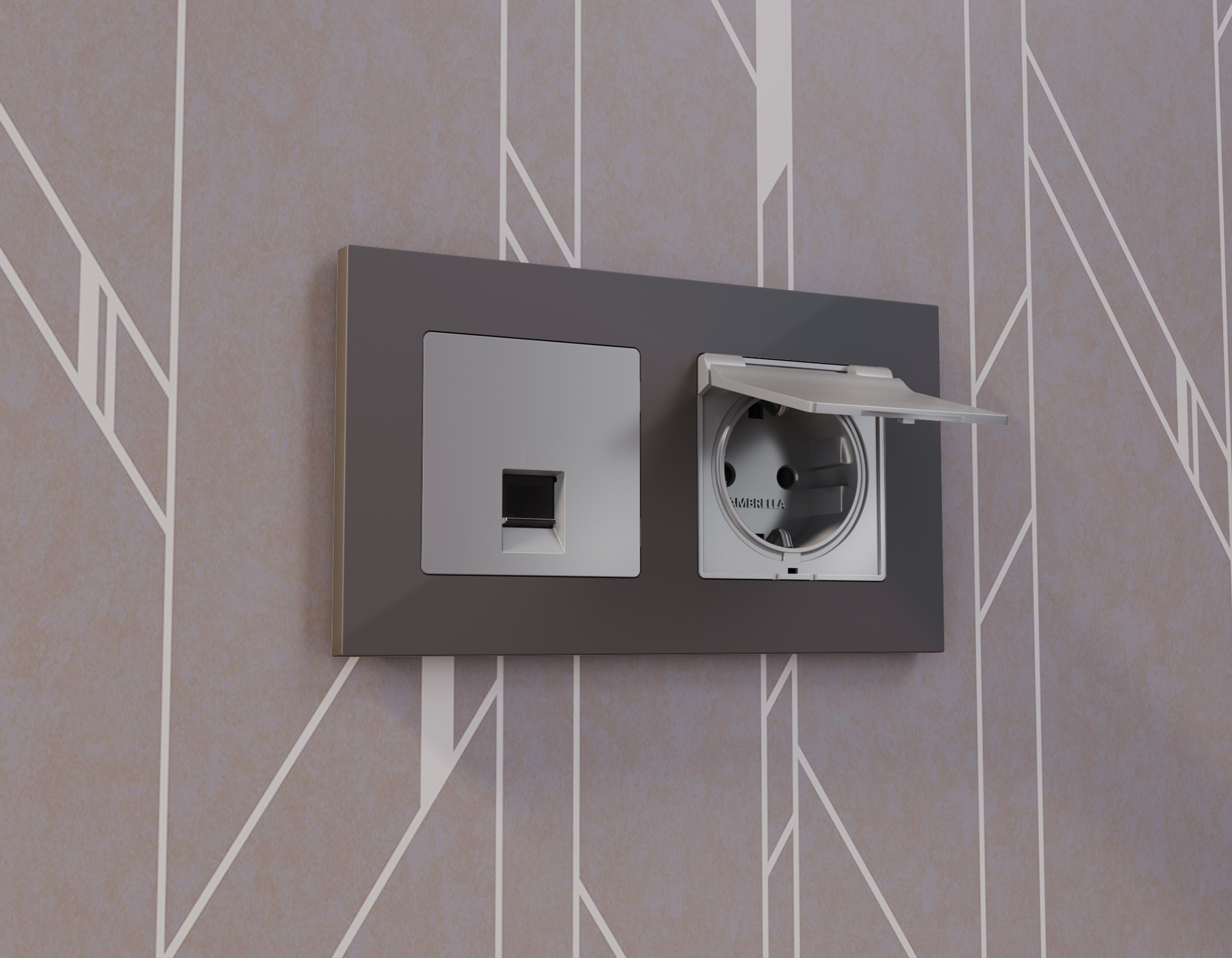 AP5080 Лицевая панель ALFA (Сталь матовый) для электрической розетки с/з со шторками и крышкой IP44 QUANT