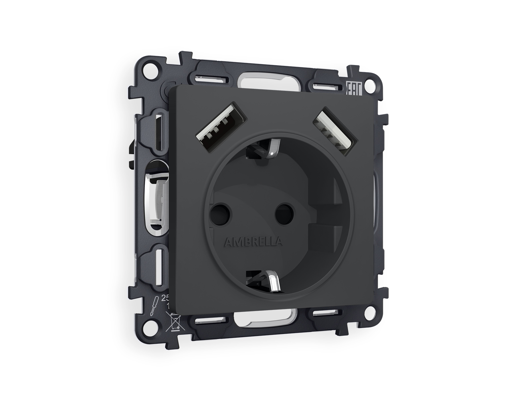 MA909010 Комплект механизма электрической розетки ALFA Графит мягкое касание 2USB A+A 18W (быстрая зарядка) с/з QUANT (AP9090, VM155)