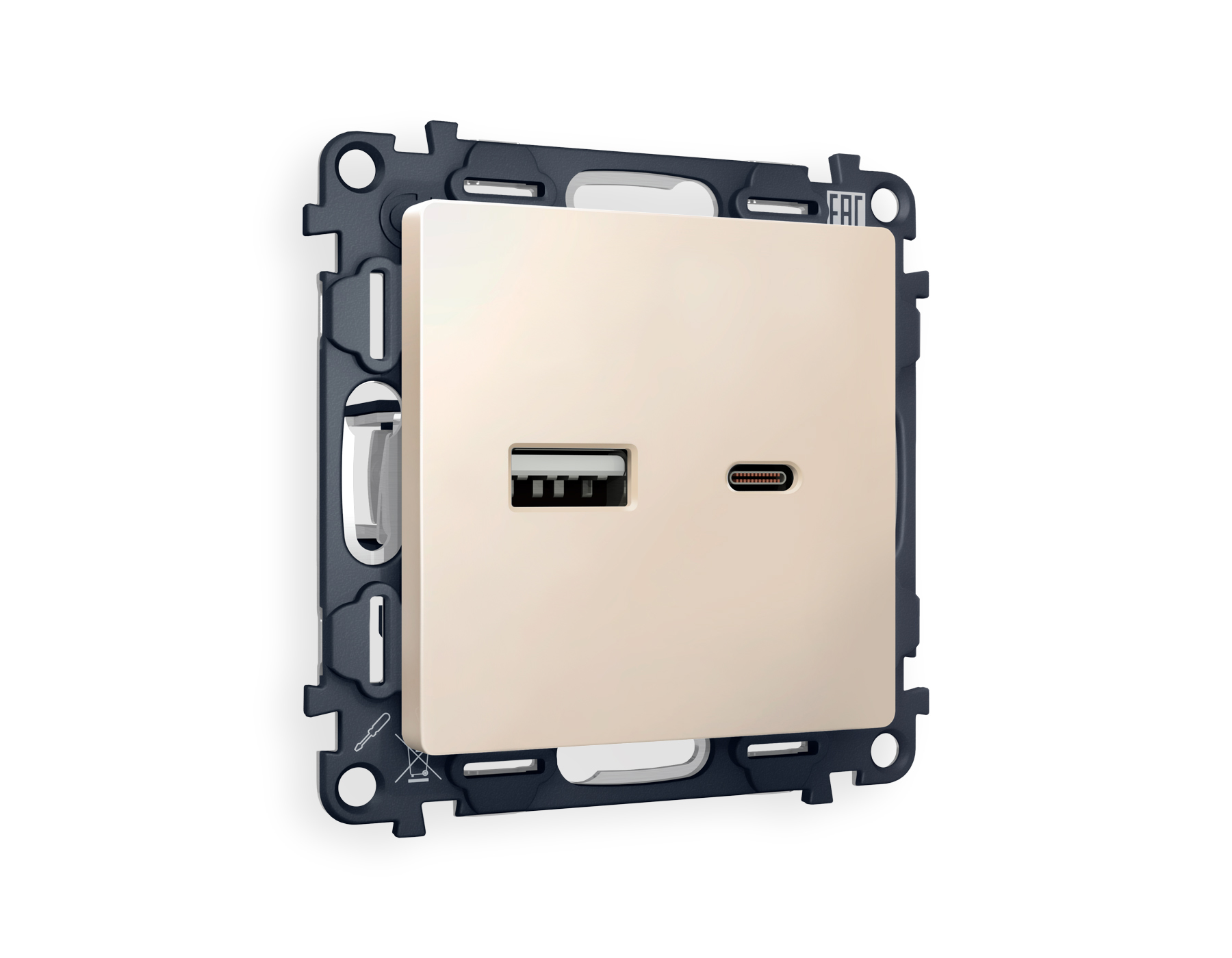 MA331010 Комплект механизма розетки ALFA Бежевый матовый 2USB A+C 20W (быстрая зарядка) QUANT (AP3310, VM177)