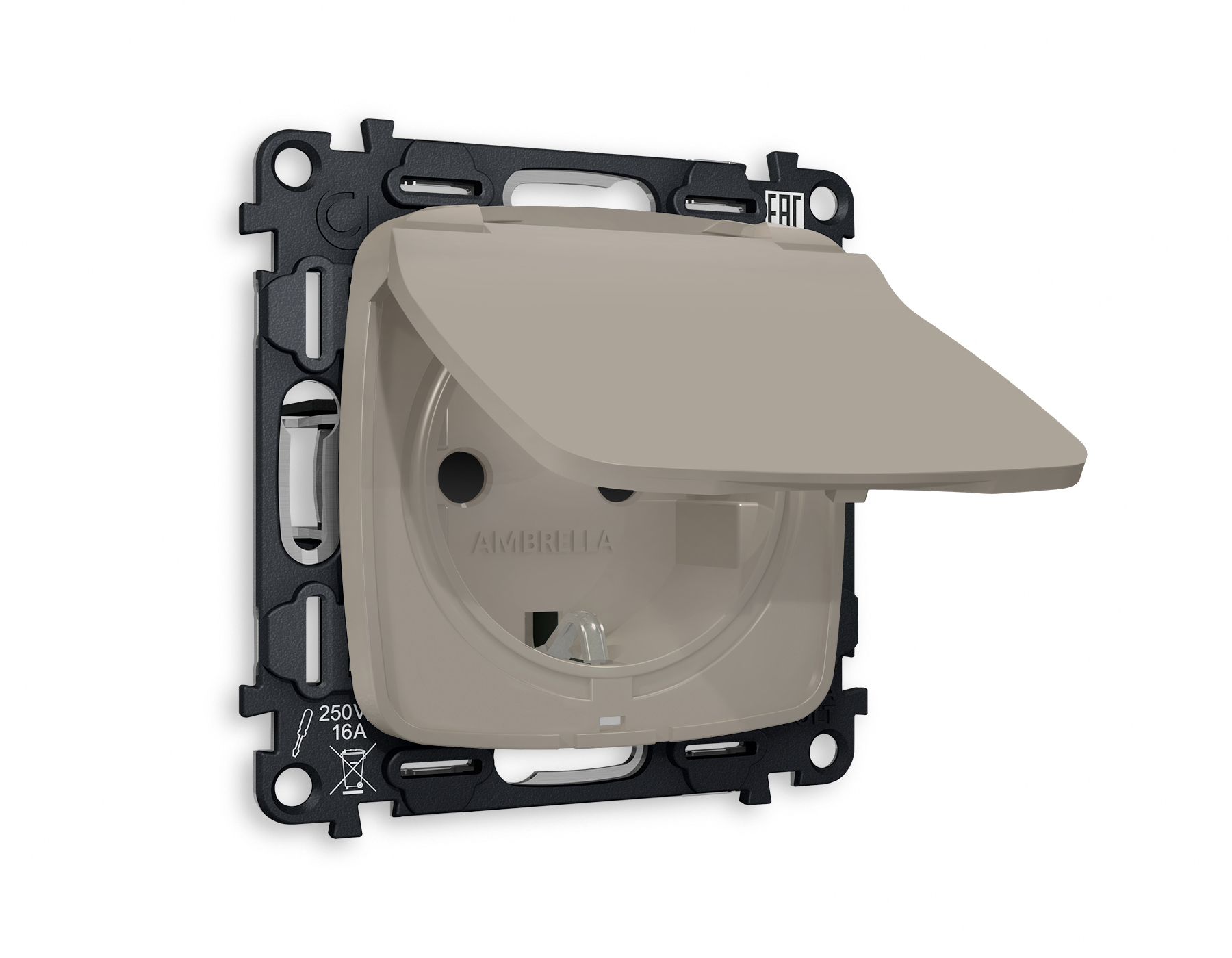 MO368010 Комплект механизма электрической розетки OMEGA Серо-бежевый матовый с/з с шторками и крышкой IP44 QUANT (OP3680, VM141)