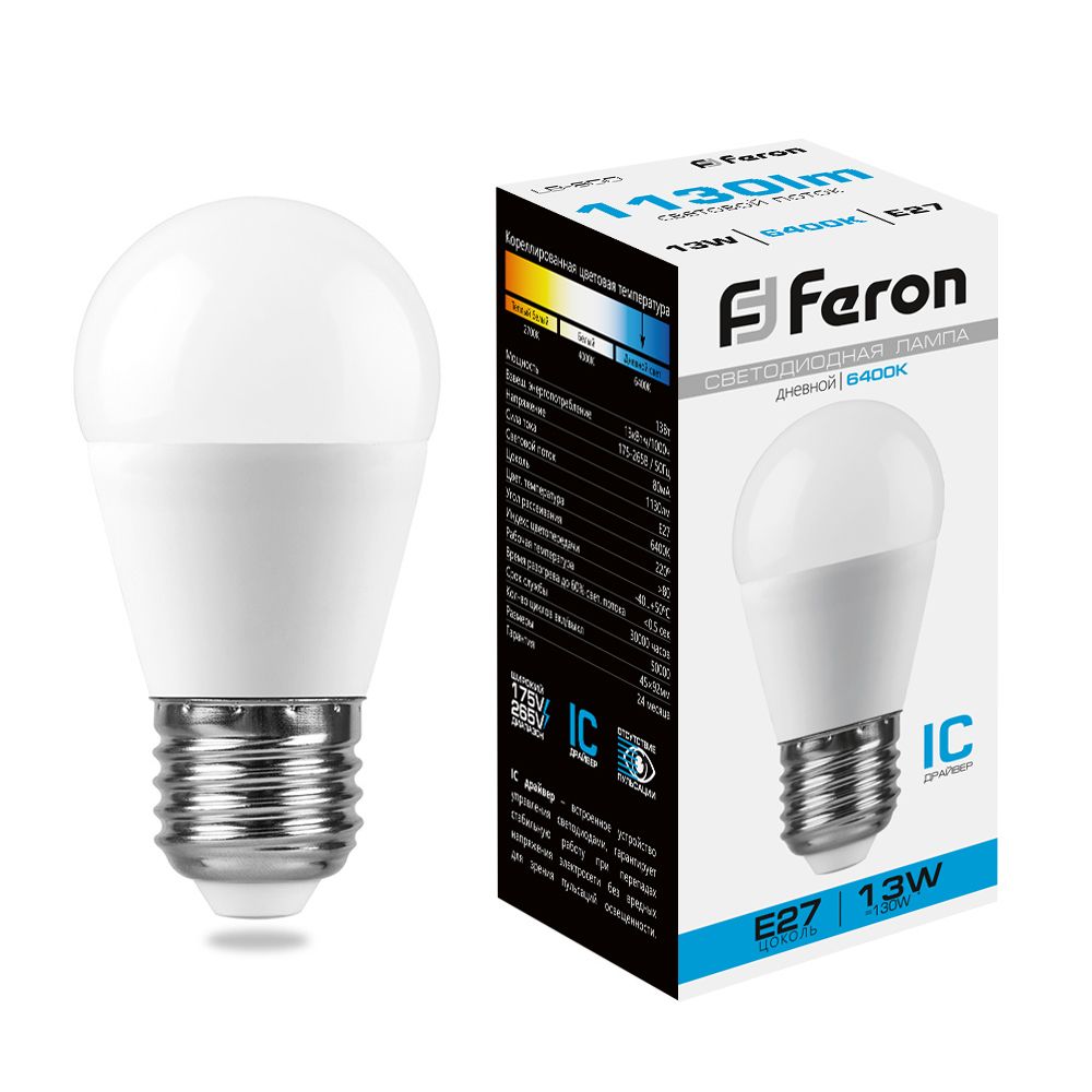 Лампа светодиодная Feron LB-950 Шарик E27 13W 6400K Лампа светодиодная Feron LB-950 Шарик E27 13W 6400K