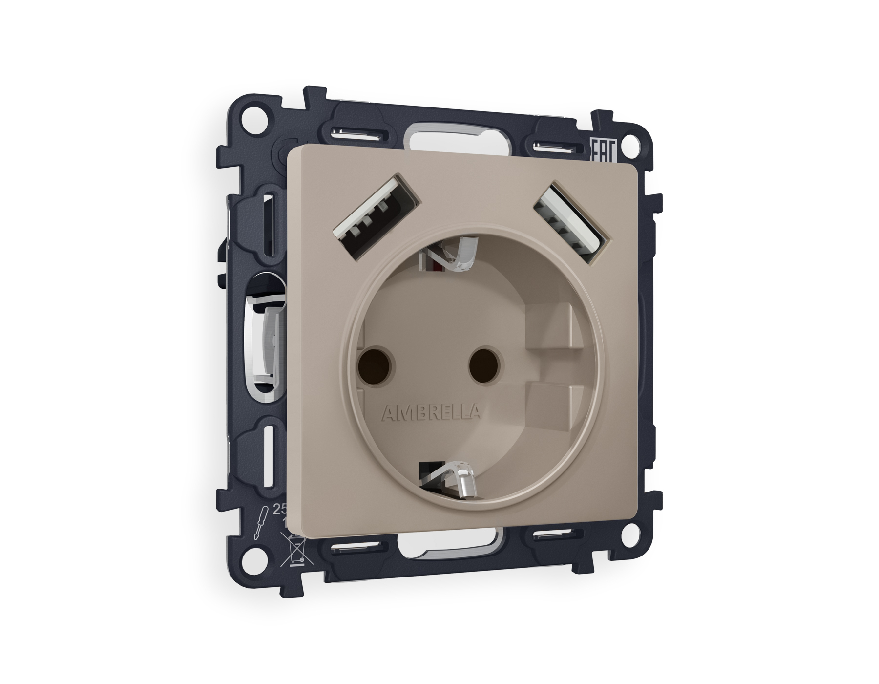 MA369010 Комплект механизма электрической розетки ALFA Серо-бежевый матовый 2USB A+A 18W (быстрая зарядка) с/з QUANT (AP3690, VM155)