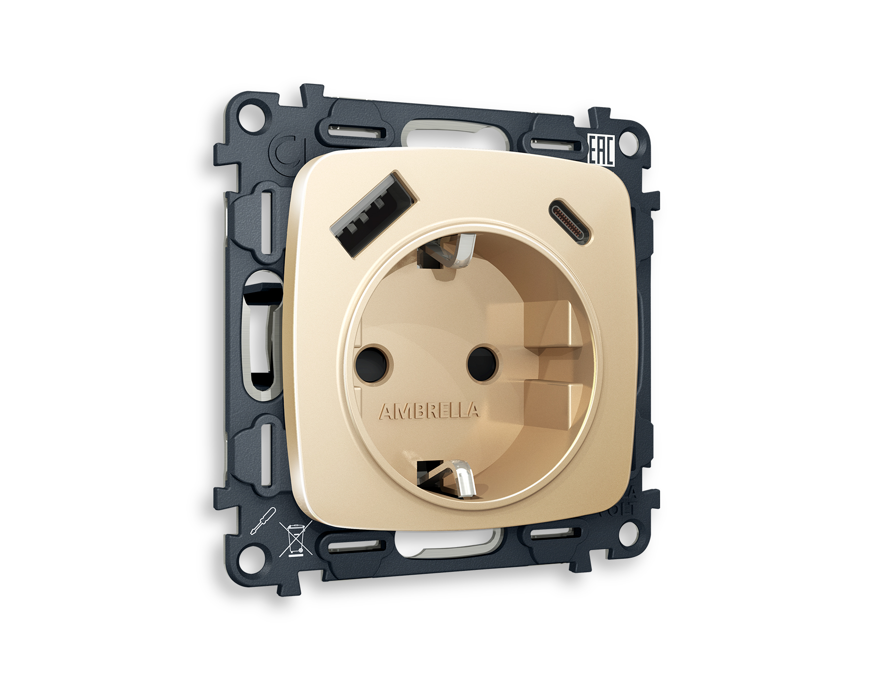 MO610010 Комплект механизма электрической розетки OMEGA Шампань 2USB A+C 20W (быстрая зарядка) с/з QUANT (OP6100, VM160)