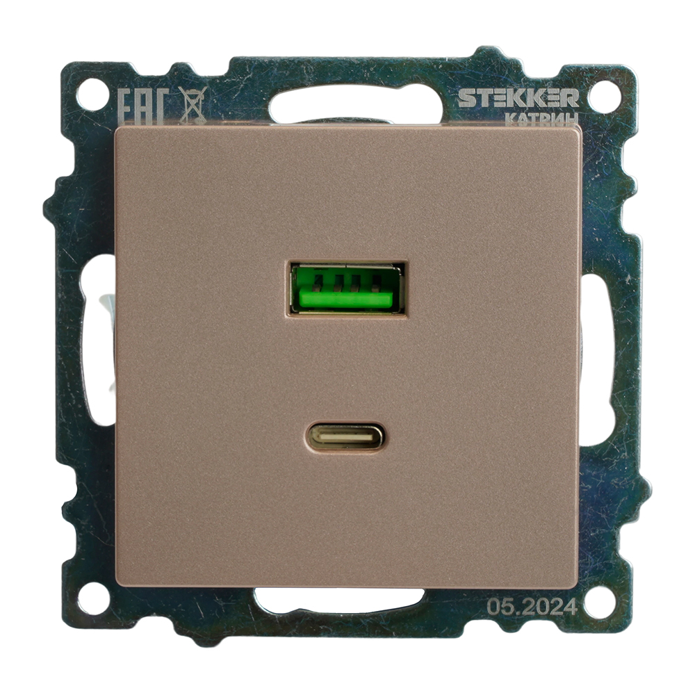 Розетка 2-местная USB + type C (механизм), STEKKER GLS10-7116-02, 250B, 3A, max 20W, серия Катрин, шампань
