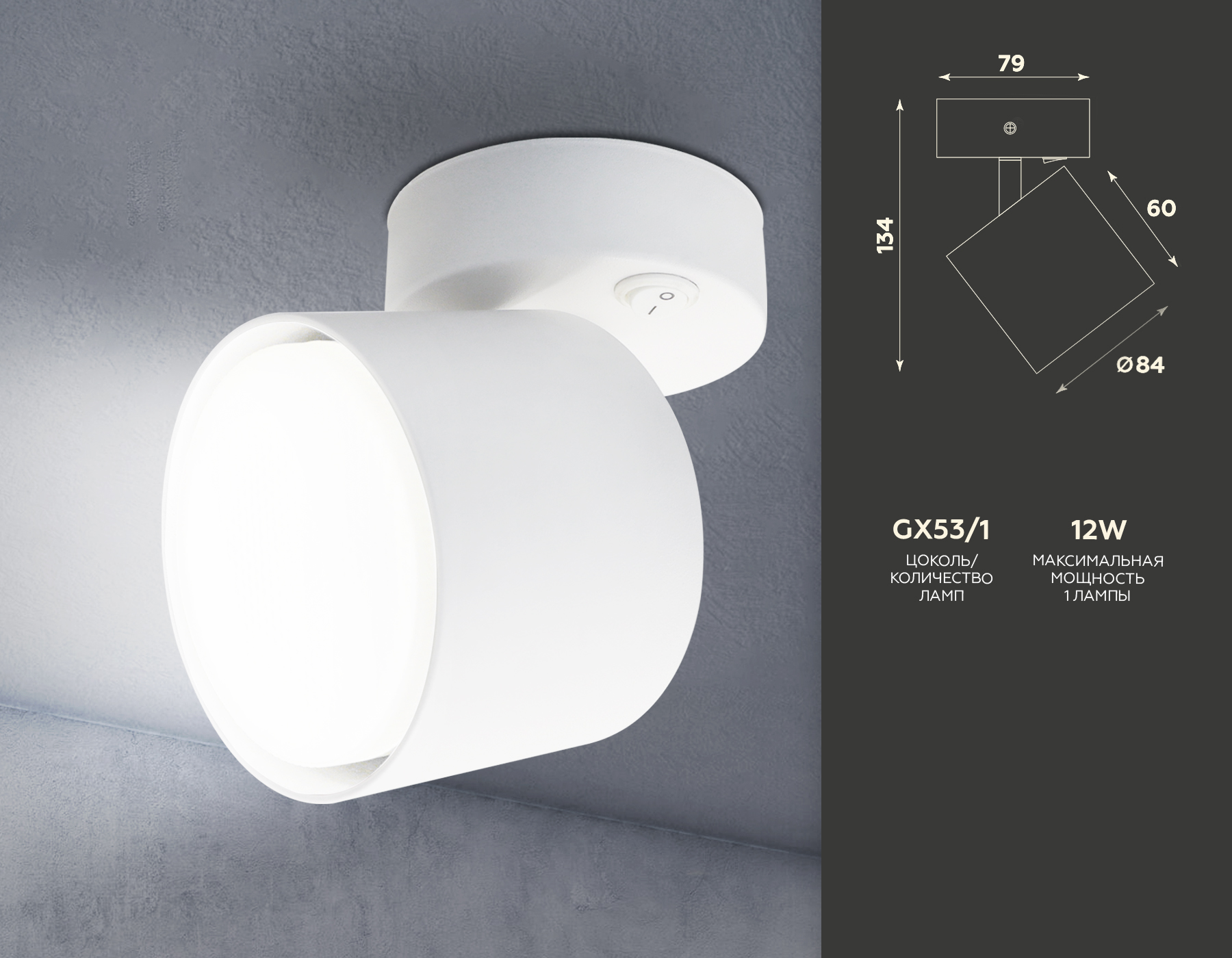 Накладной спот TA132 WH белый GX53 max 12W D79*134*D84