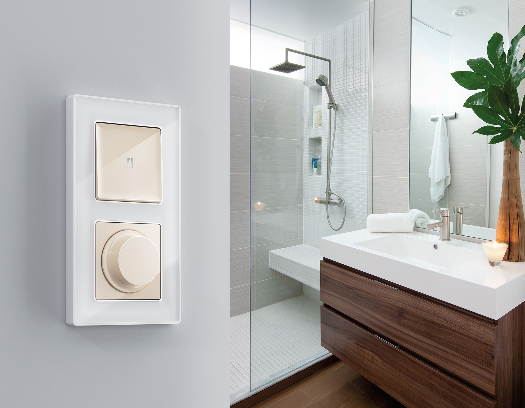 MA302040 Комплект механизма 1-кл проходного выключателя с подсветкой 10000K ALFA Бежевый глянец QUANT (AP3020, VM105, G29B)