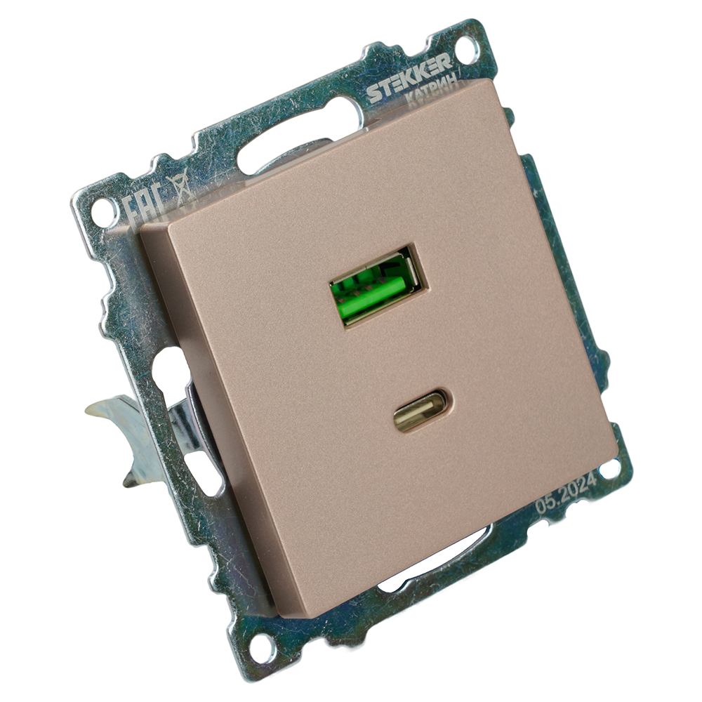 Розетка 2-местная USB + type C (механизм), STEKKER GLS10-7116-02, 250B, 3A, max 20W, серия Катрин, шампань