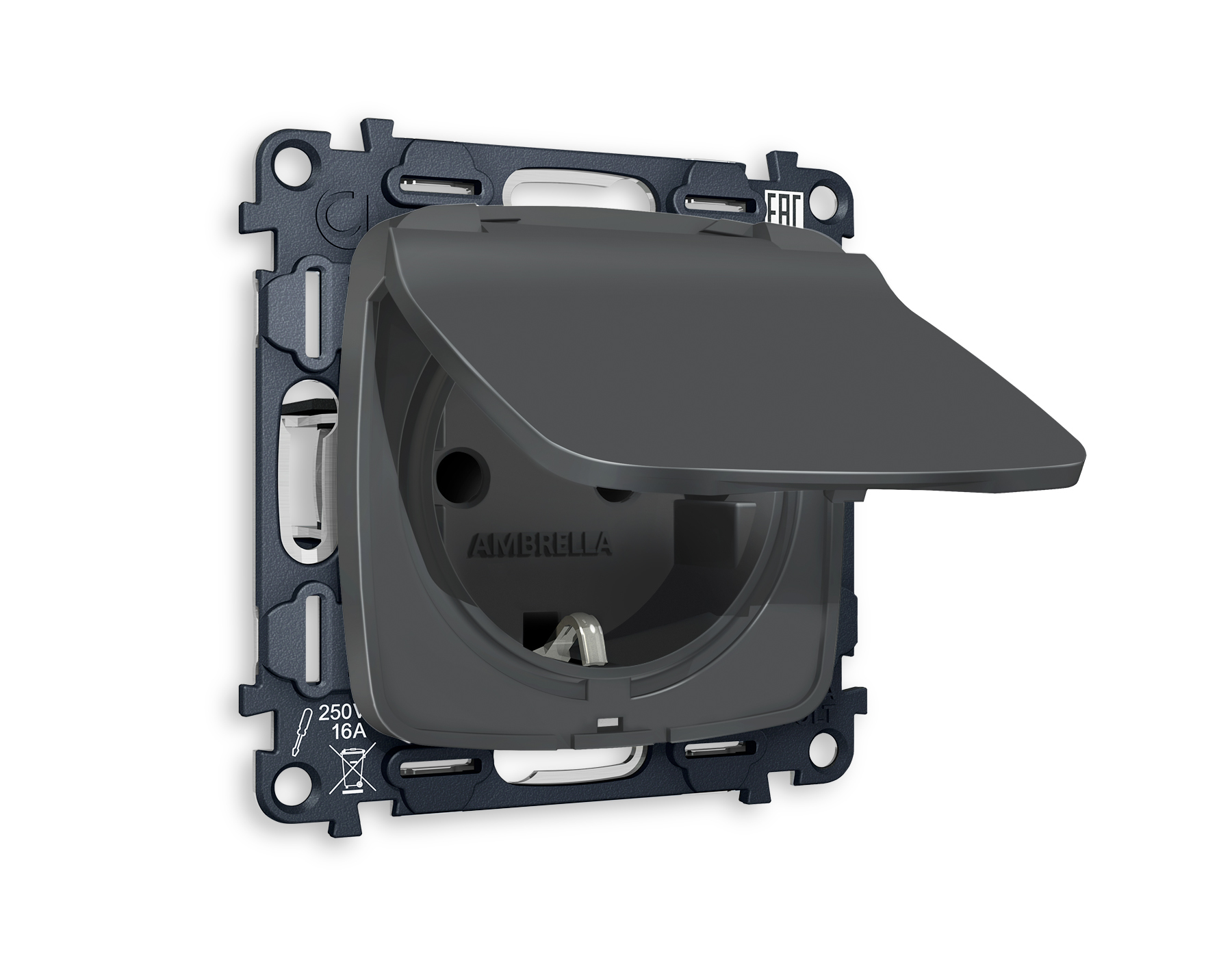 MO908010 Комплект механизма электрической розетки OMEGA Графит мягкое касание с/з с шторками и крышкой IP44 QUANT (OP9080, VM141)