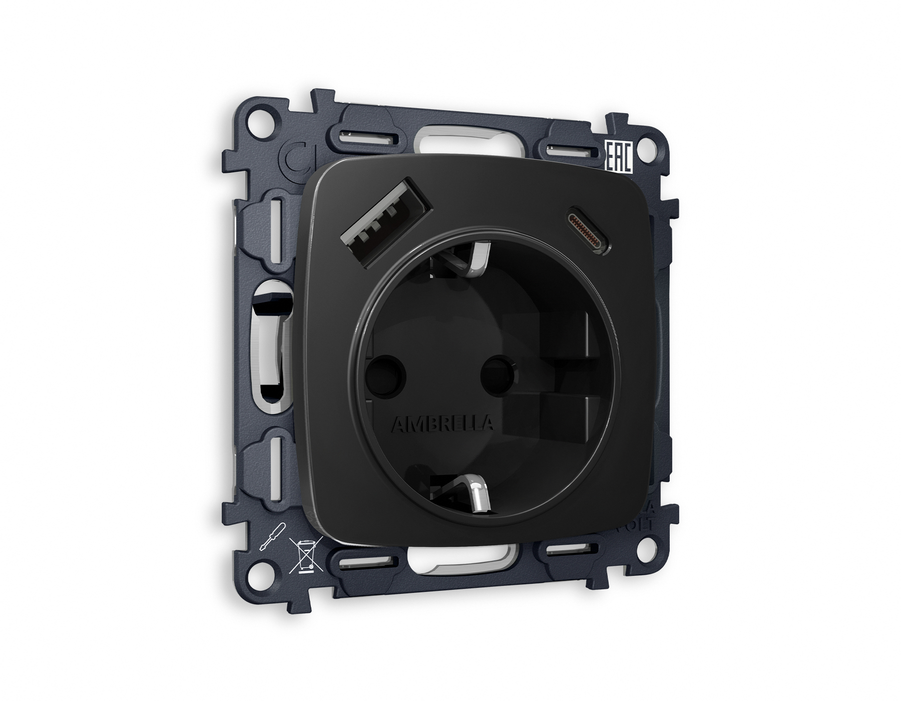 MO810010 Комплект механизма электрической розетки OMEGA Черный матовый 2USB A+C 20W (быстрая зарядка) с/з QUANT (OP8100, VM160)