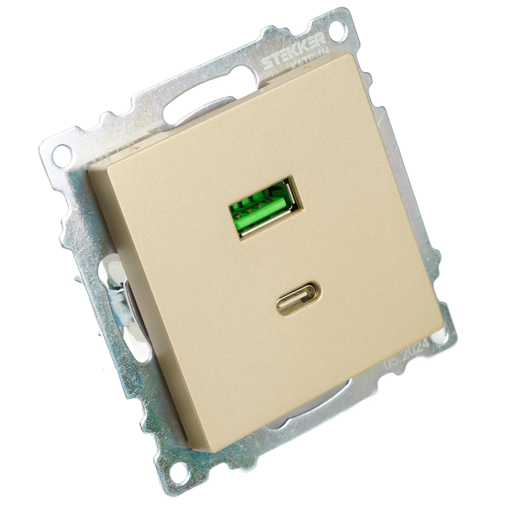 Розетка 2-местная USB + type C (механизм), 250В, 3А, max 20W, STEKKER, GLS10-7116-08, серия Катрин, золото
