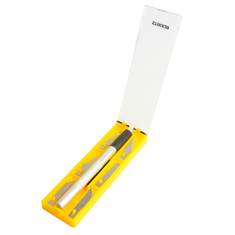 Нож макетный с алюминиевой рукояткой, 0,5 мм, кейс, 6 лезвий в комплекте, STEKKER KMU-41-S