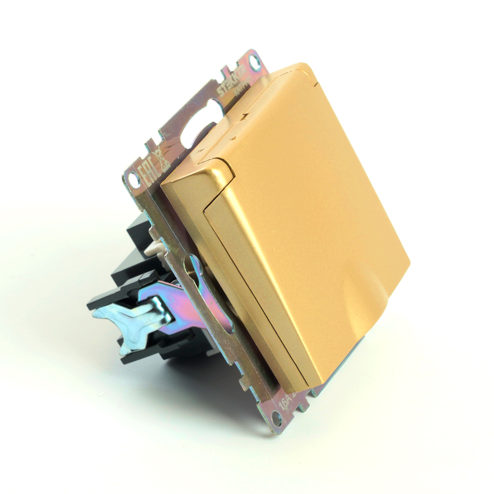 Розетка 1-местная с крышк с защ. штор (механизм) с/з, STEKKER, GLS16-7112-08, 250В, 16А, серия Катрин, золото