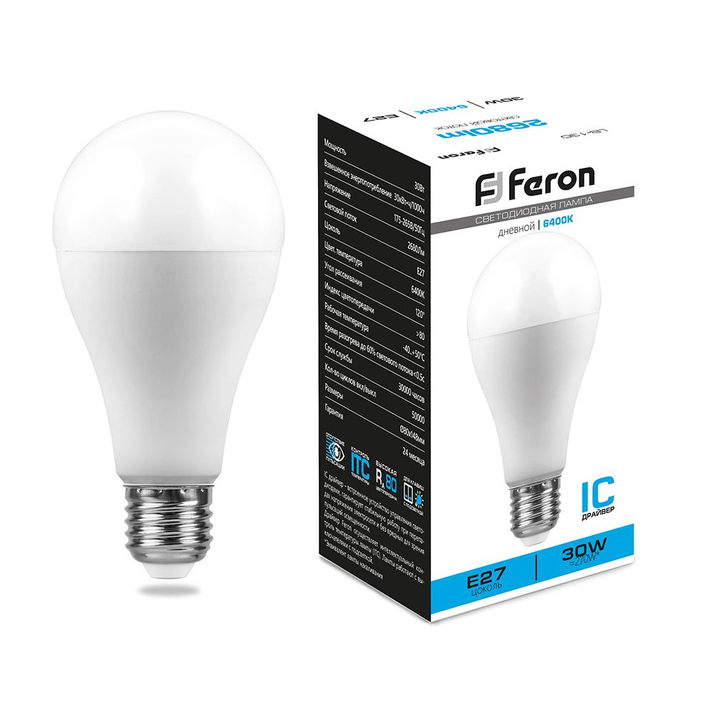 Лампа светодиодная Feron LB-130 Шар E27 30W 6400K Лампа светодиодная Feron LB-130 Шар E27 30W 6400K