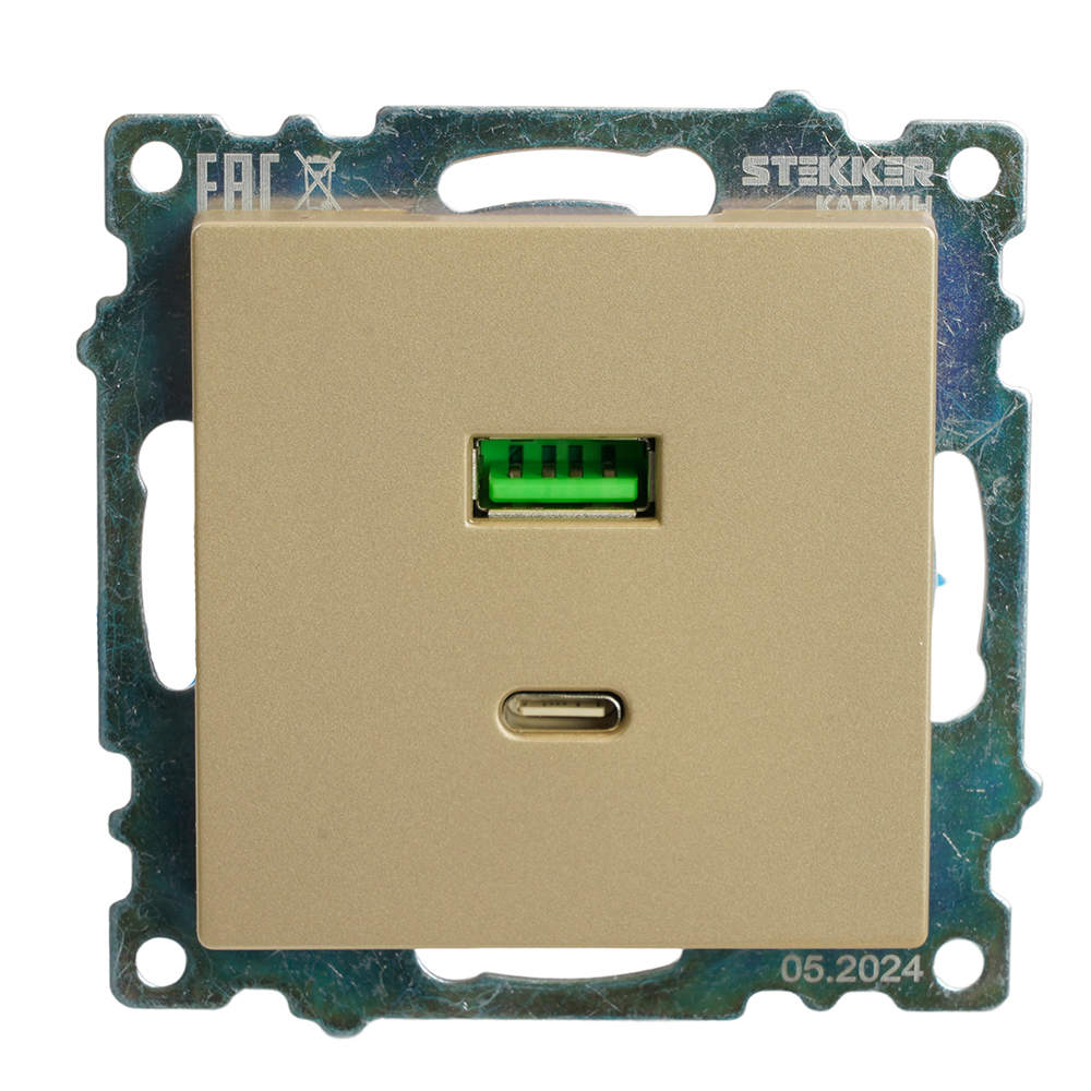 Розетка 2-местная USB + type C (механизм), 250В, 3А, max 20W, STEKKER, GLS10-7116-08, серия Катрин, золото