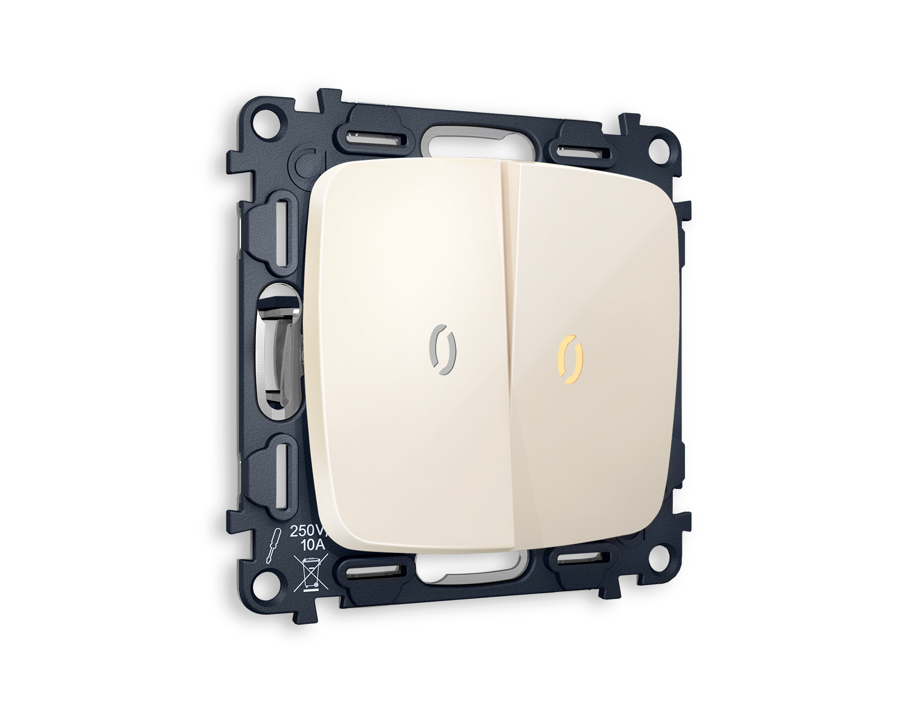 MO304030 Комплект механизма 2-кл проходного выключателя с подсветкой 3200K OMEGA Бежевый глянец QUANT (OP3040, VM120, G22Y)