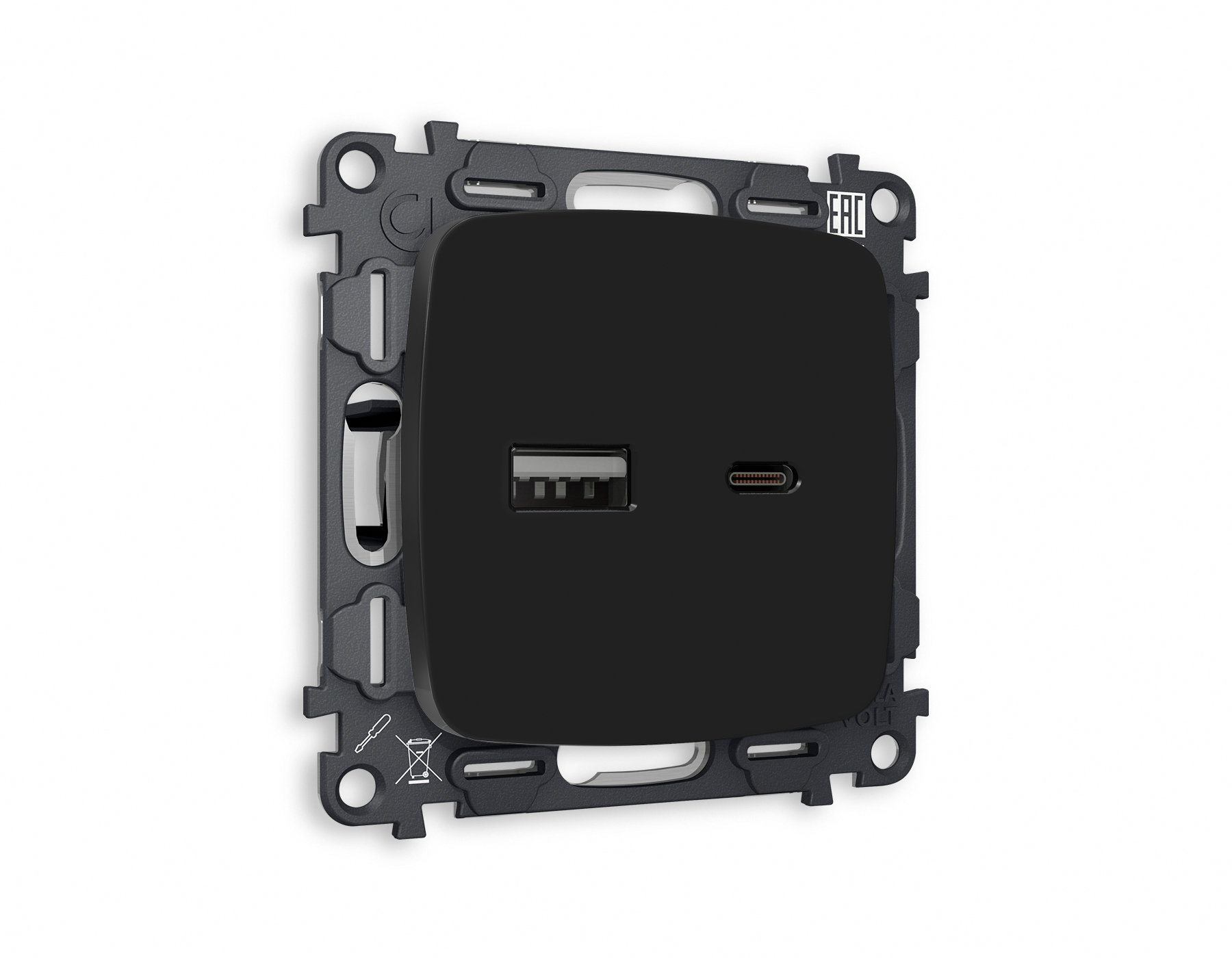 MO811010 Комплект механизма розетки OMEGA Черный матовый 2USB A+C 20W (быстрая зарядка) QUANT (OP8110, VM177)