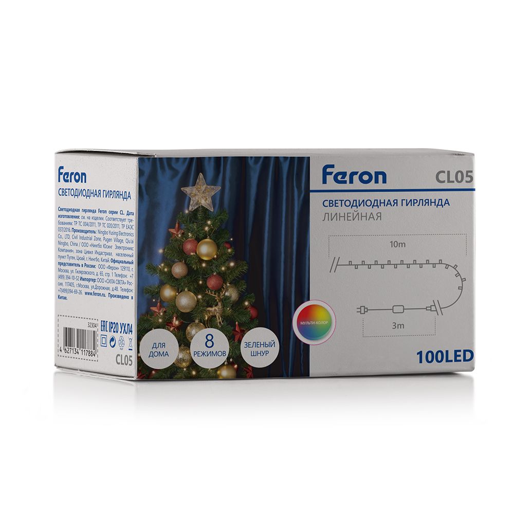 Светодиодная гирлянда Feron CL05 линейная 10м +3м 230V мультиколор,c питанием от сети, контроллером, зеленый шнур Светодиодная гирлянда Feron CL05 линейная 10м +3м 230V мультиколор,c питанием от сети, контроллером, зеленый шнур