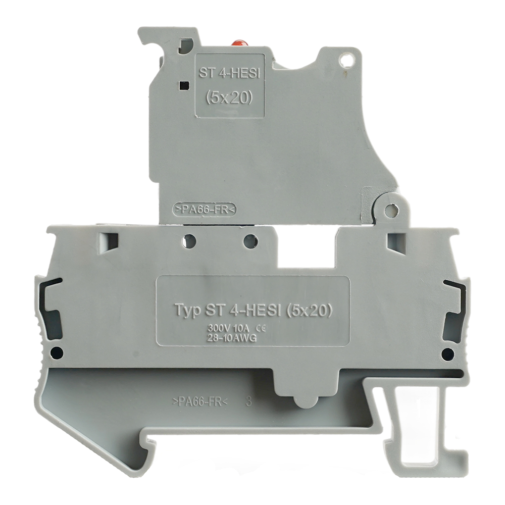 Зажим пружинный STEKKER, 2-проводной проходной 4,0 мм²  (JXB ST 4) с размыкателем и предохранителем с индикатором, LD552-1-01, серый