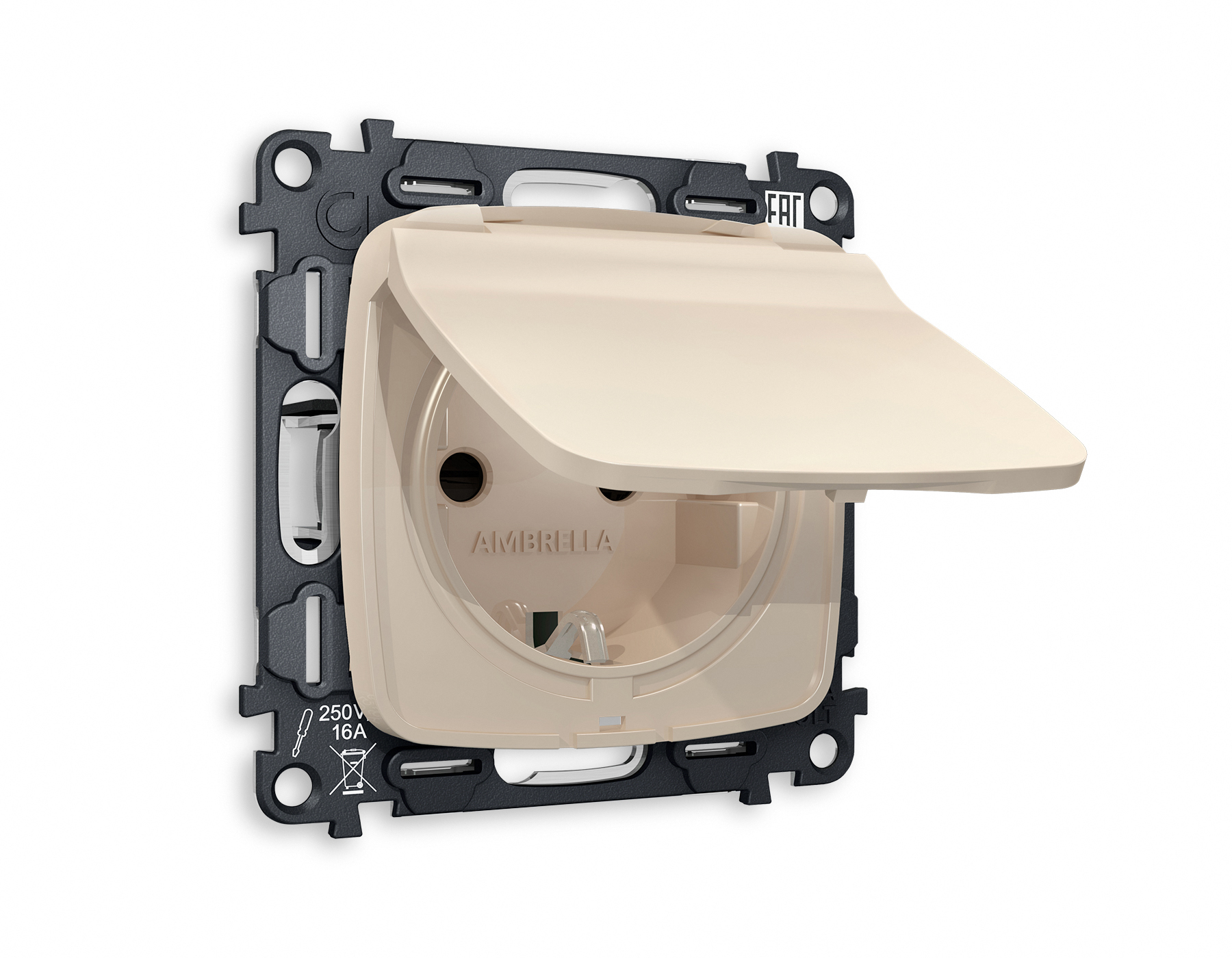 MO328010 Комплект механизма электрической розетки OMEGA Бежевый матовый с/з с шторками и крышкой IP44 QUANT (OP3280, VM141)