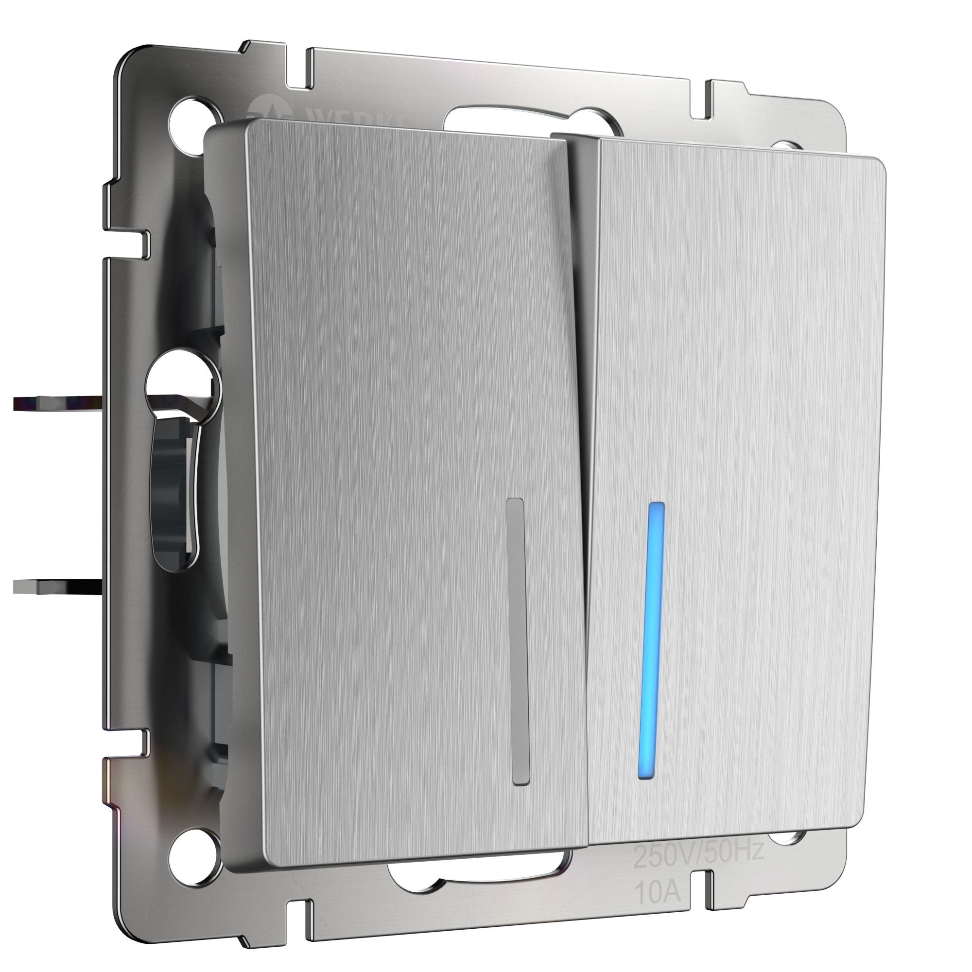 Выключатель двухклавишный с подсветкой WERKEL (cеребряный рифленый) WL09-SW-2G-LED / W1120109 / a035659