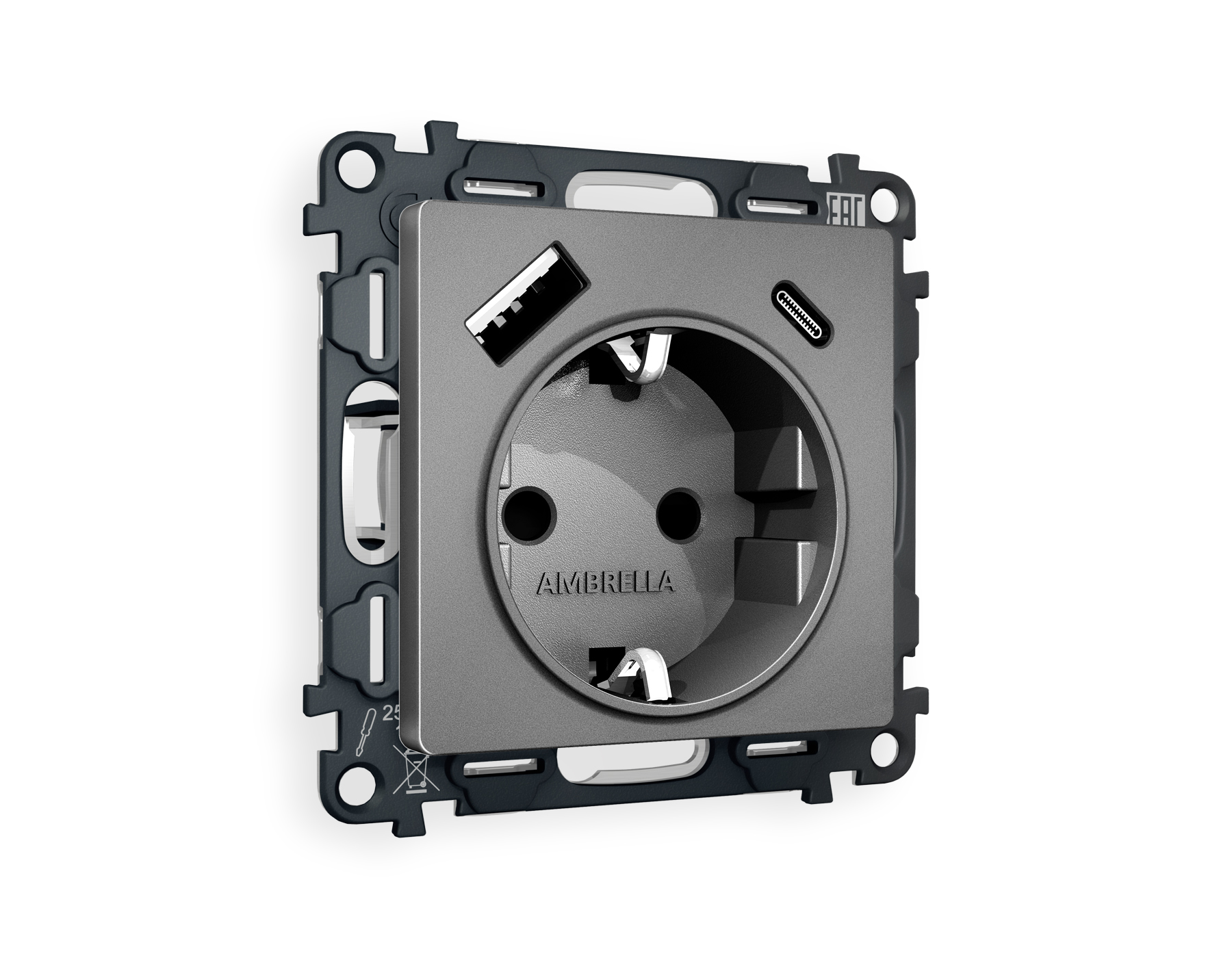 MA660010 Комплект механизма электрической розетки ALFA Антрацит серый 2USB A+C 20W (быстрая зарядка) с/з QUANT (AP6600, VM160)