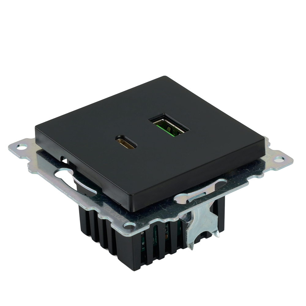 Розетка 2-местная USB + type C (механизм), STEKKER GLS10-7116-05, 250B, 3А, серия Катрин, черный