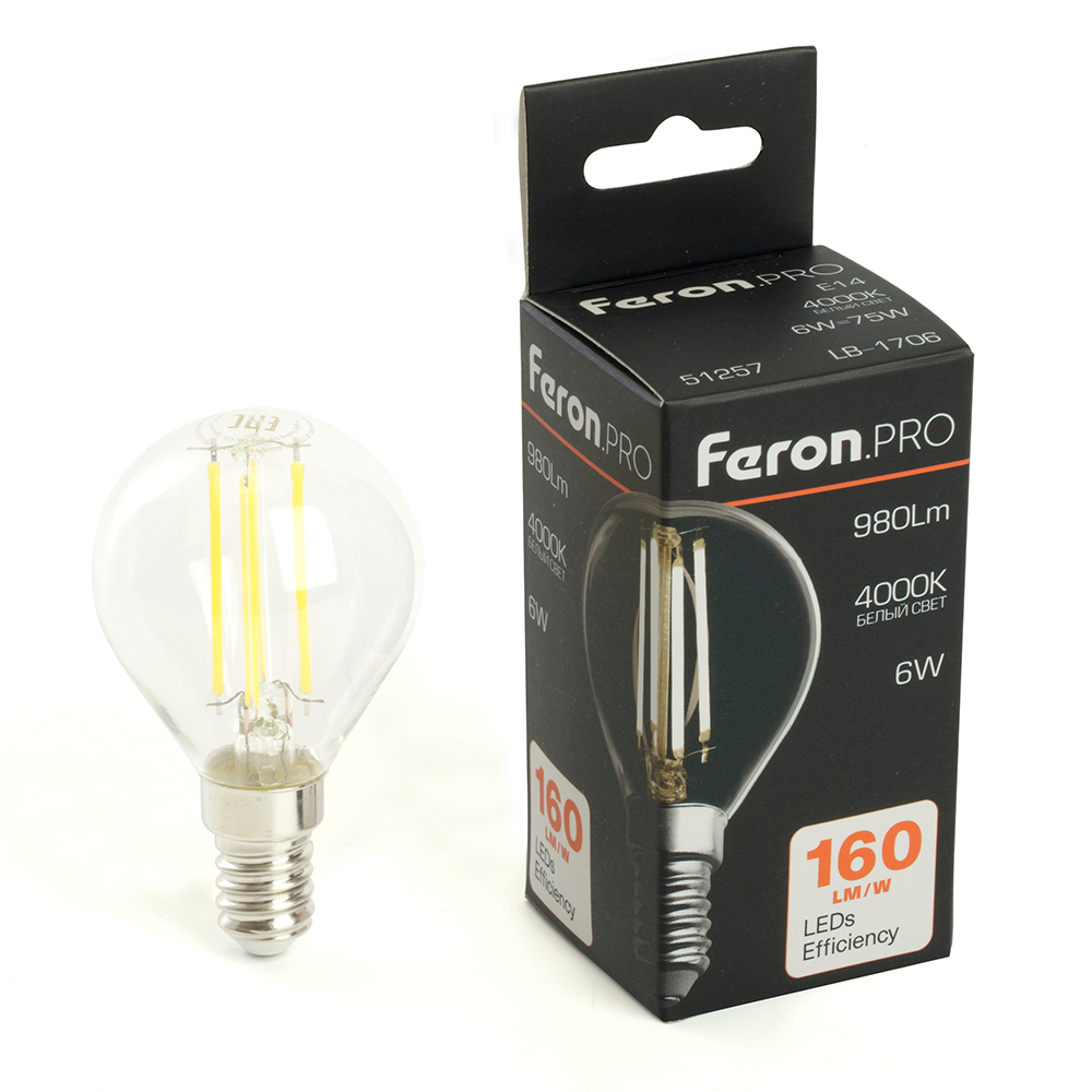 Лампа светодиодная Feron.PRO LB-1706 Шарик E14 980LM 6W 175-265V 4000K Лампа светодиодная Feron.PRO LB-1706 Шарик E14 980LM 6W 175-265V 4000K