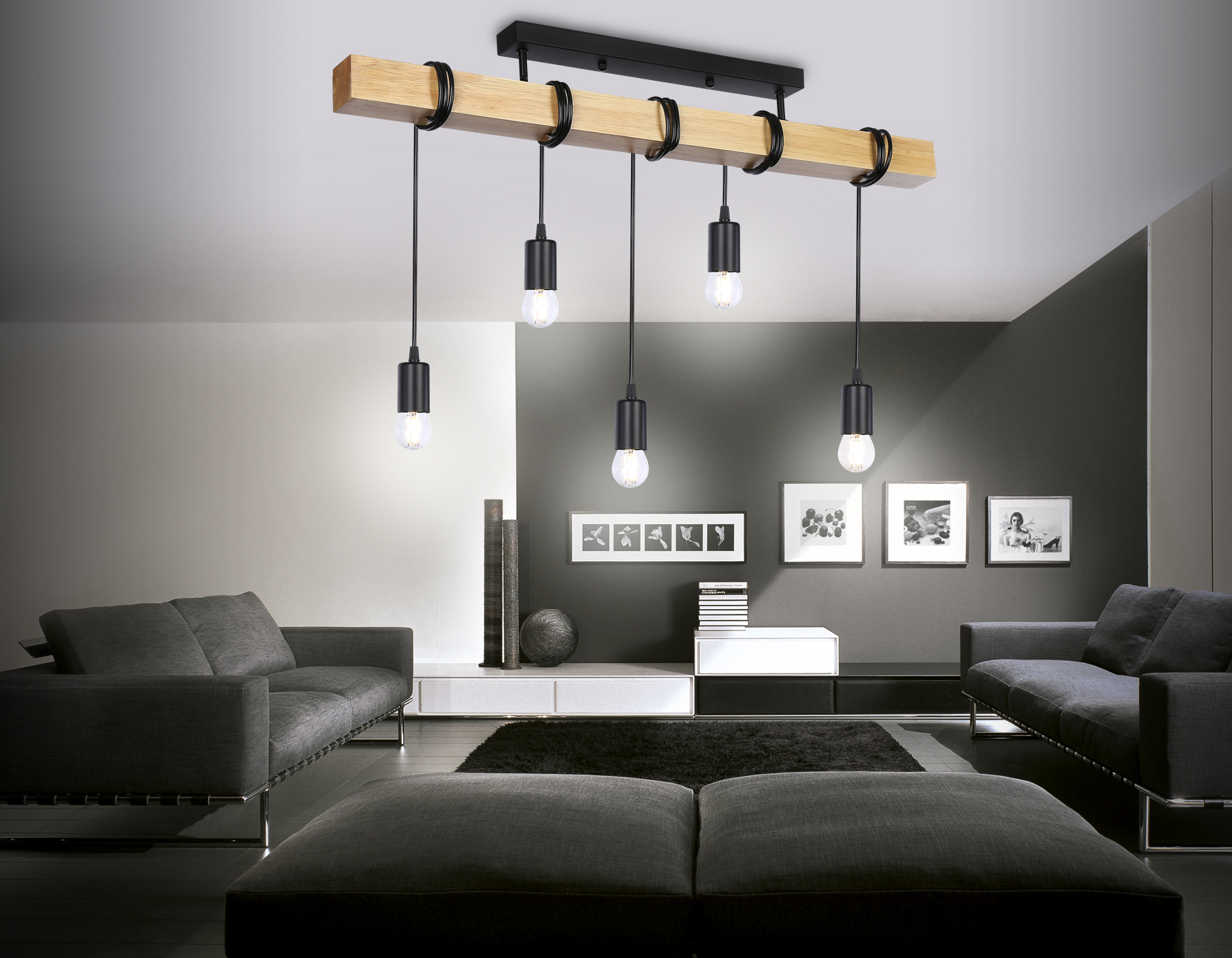 Подвесной светильник TR8183/5 BK/LW черный/светлое дерево E27*5 max 40W 800*50*420