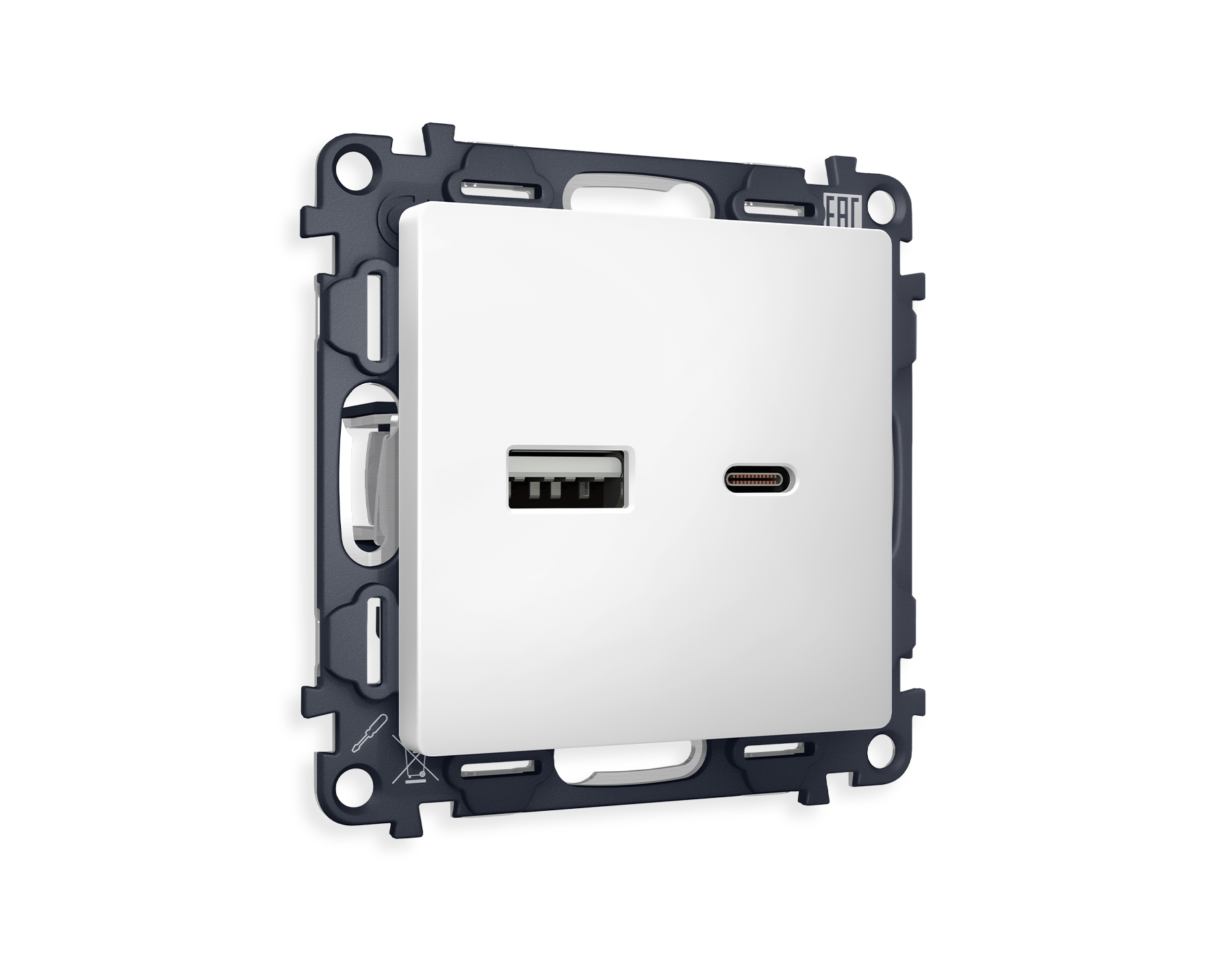 MA131010 Комплект механизма розетки ALFA Белый матовый 2USB A+C 20W (быстрая зарядка) QUANT (AP1310, VM177)