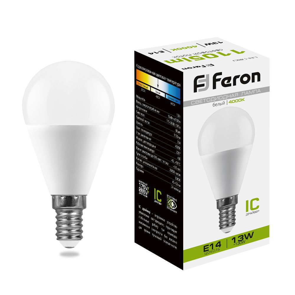 Лампа светодиодная Feron LB-950 Шарик E14 13W 4000K Лампа светодиодная Feron LB-950 Шарик E14 13W 4000K