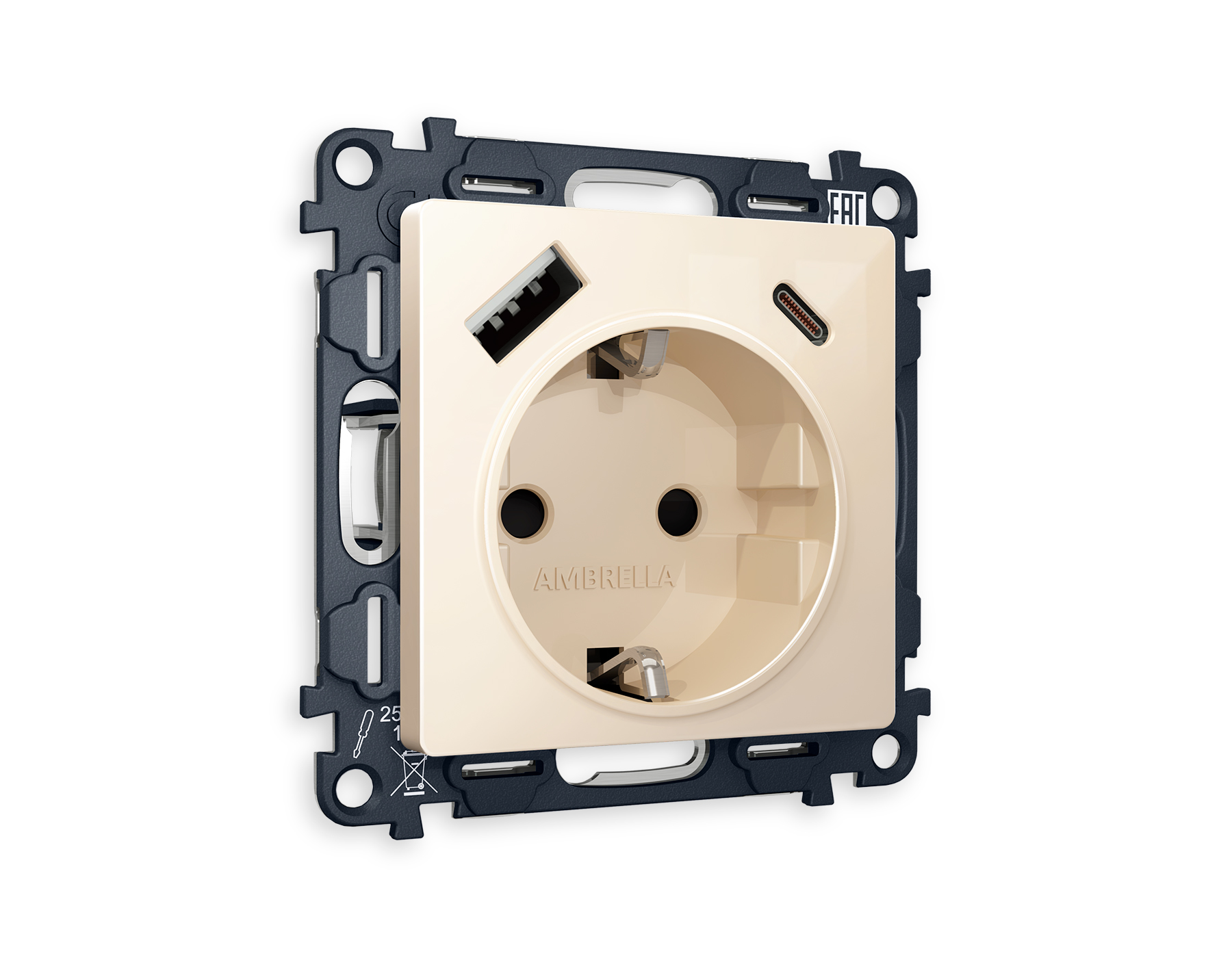 MA310010 Комплект механизма электрической розетки ALFA Бежевый глянец 2USB A+C 20W (быстрая зарядка) с/з QUANT (AP3100, VM160)