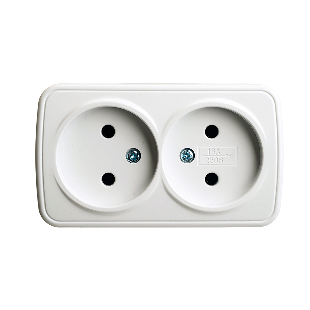 Розетка накладная 2-местная б/з STEKKER, PST10-502-20, пластик АВS, 250В, 16А, IP20, серия Basic, белый