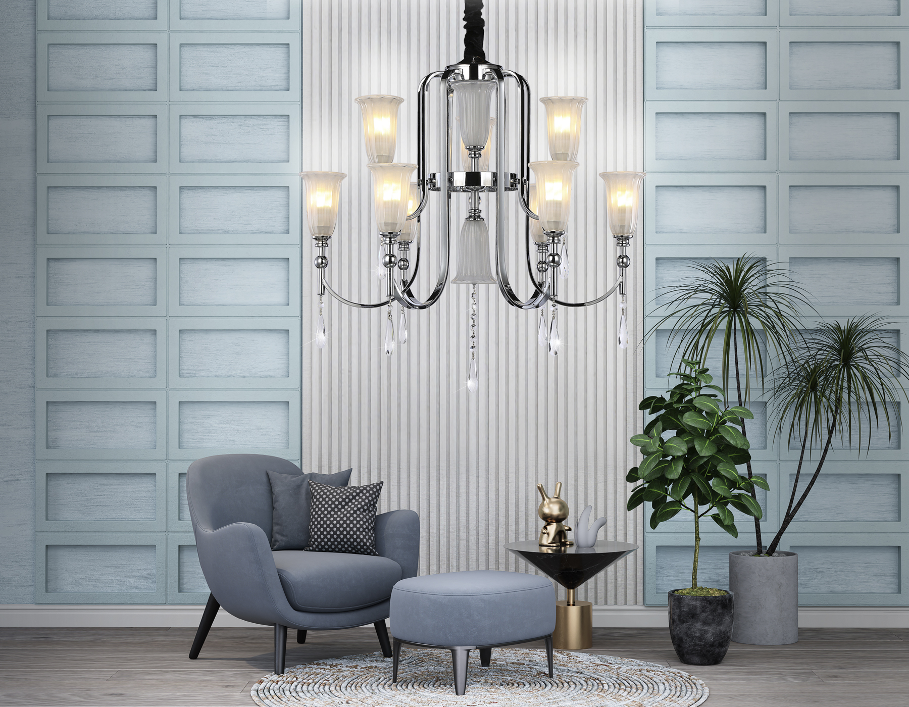 Подвесная люстра TR3249/9 CH/FR хром/белый матовый E14*9 max 40W D735*720