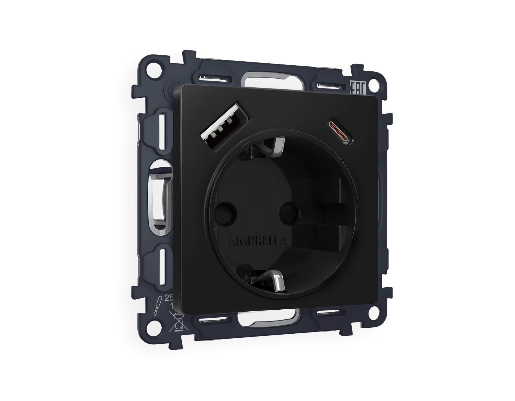 MA810010 Комплект механизма электрической розетки ALFA Черный матовый 2USB A+C 20W (быстрая зарядка) с/з QUANT (AP8100, VM160)