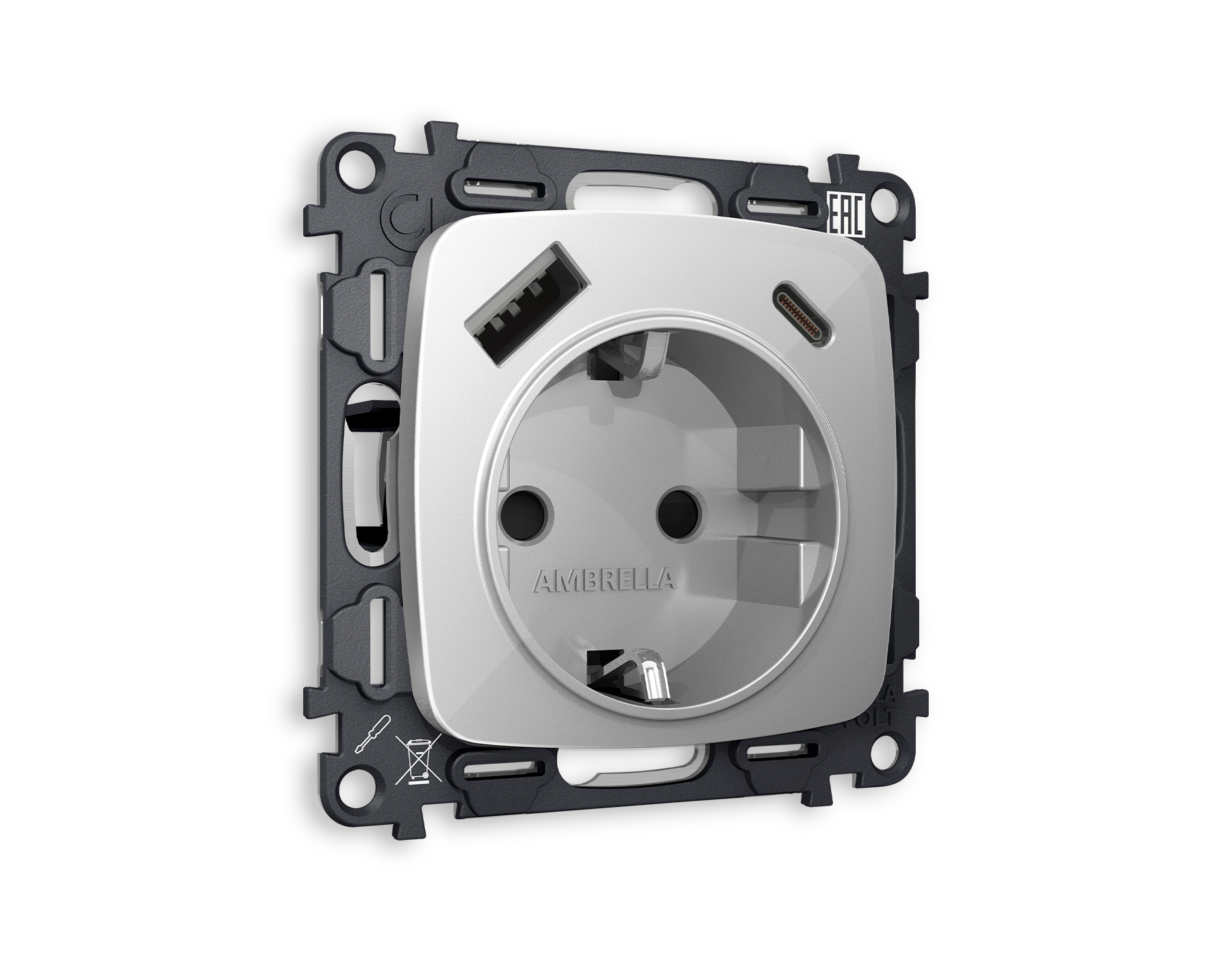 MO410010 Комплект механизма электрической розетки OMEGA Серебро глянец 2USB A+C 20W (быстрая зарядка) с/з QUANT (OP4100, VM160)