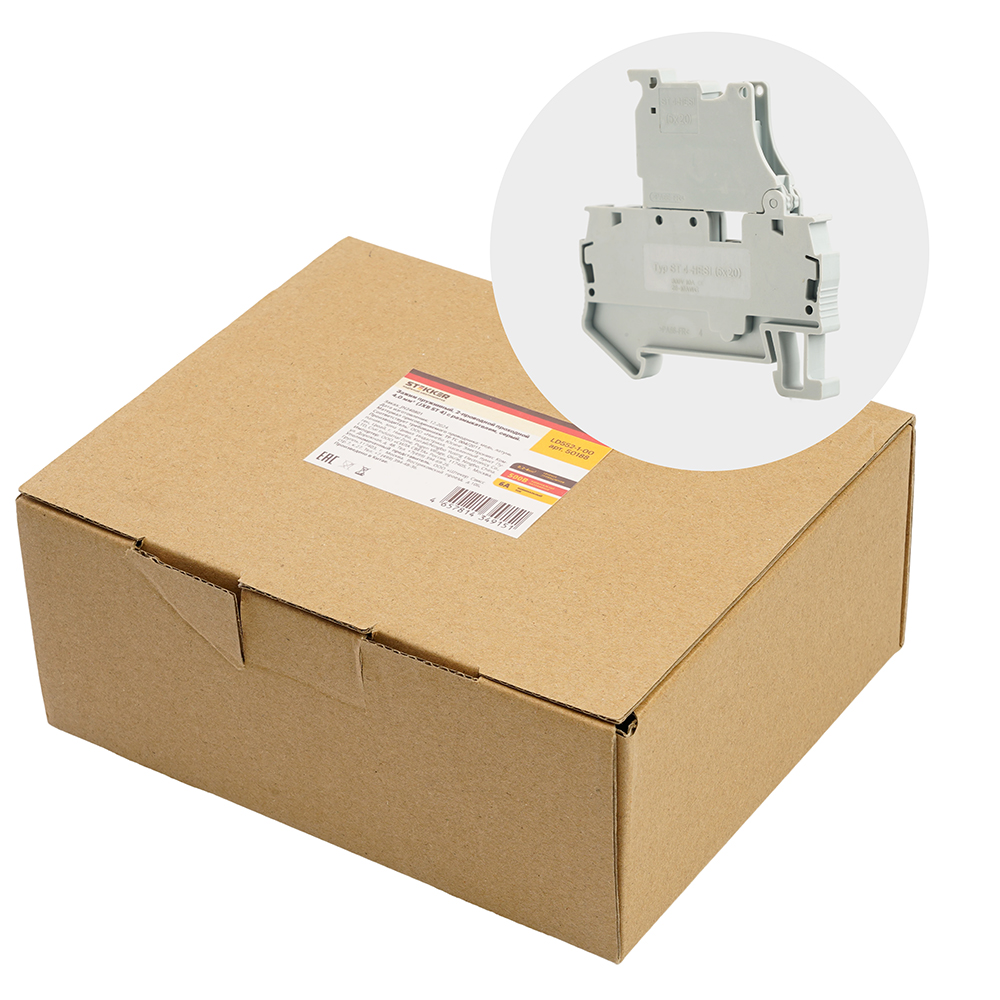 Зажим пружинный STEKKER, 2-проводной проходной 4,0 мм²  (JXB ST 4) с размыкателем и предохранителем, LD552-1-00, серый