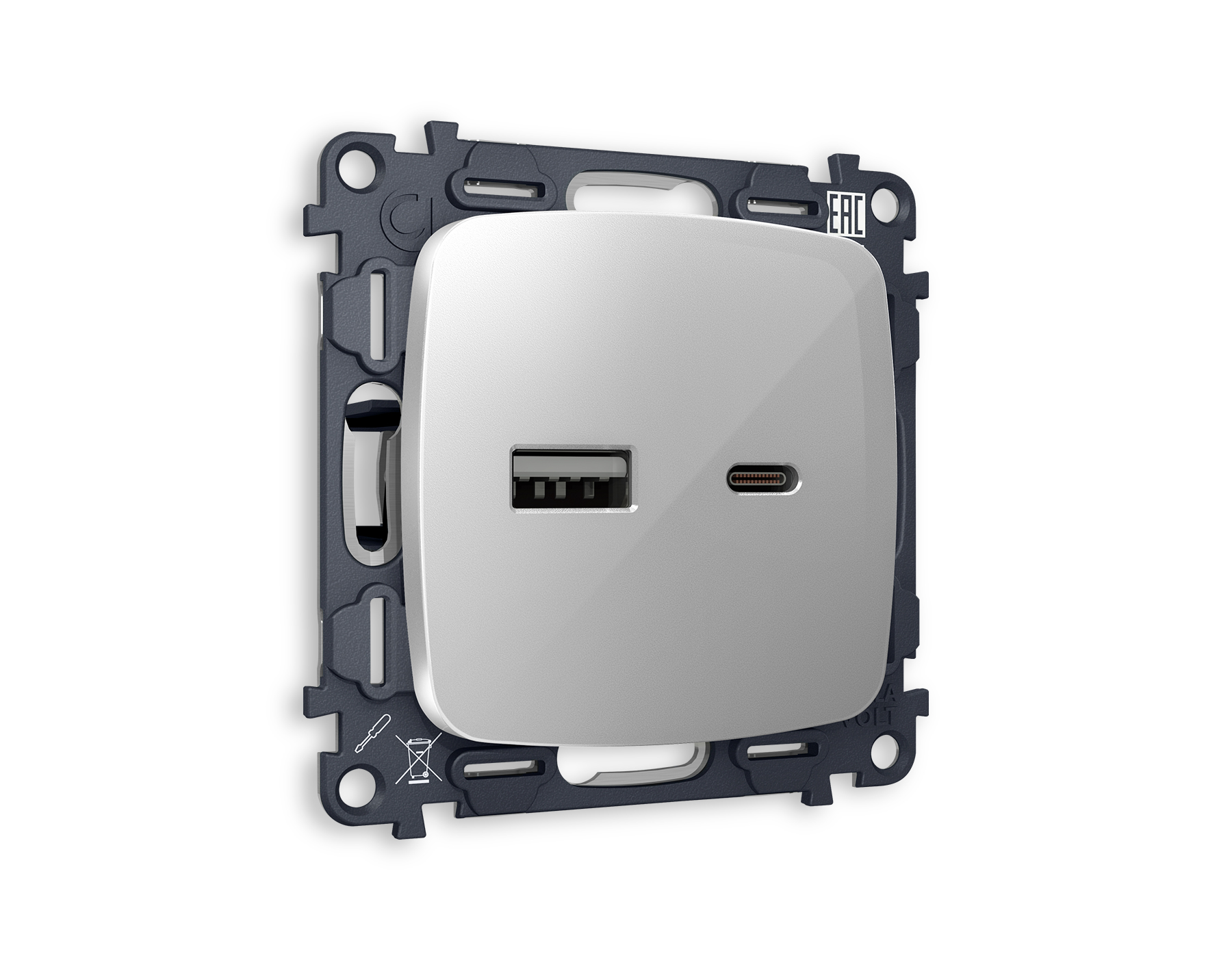 MO411010 Комплект механизма розетки OMEGA Серебро глянец 2USB A+C 20W (быстрая зарядка) QUANT (OP4110, VM177)