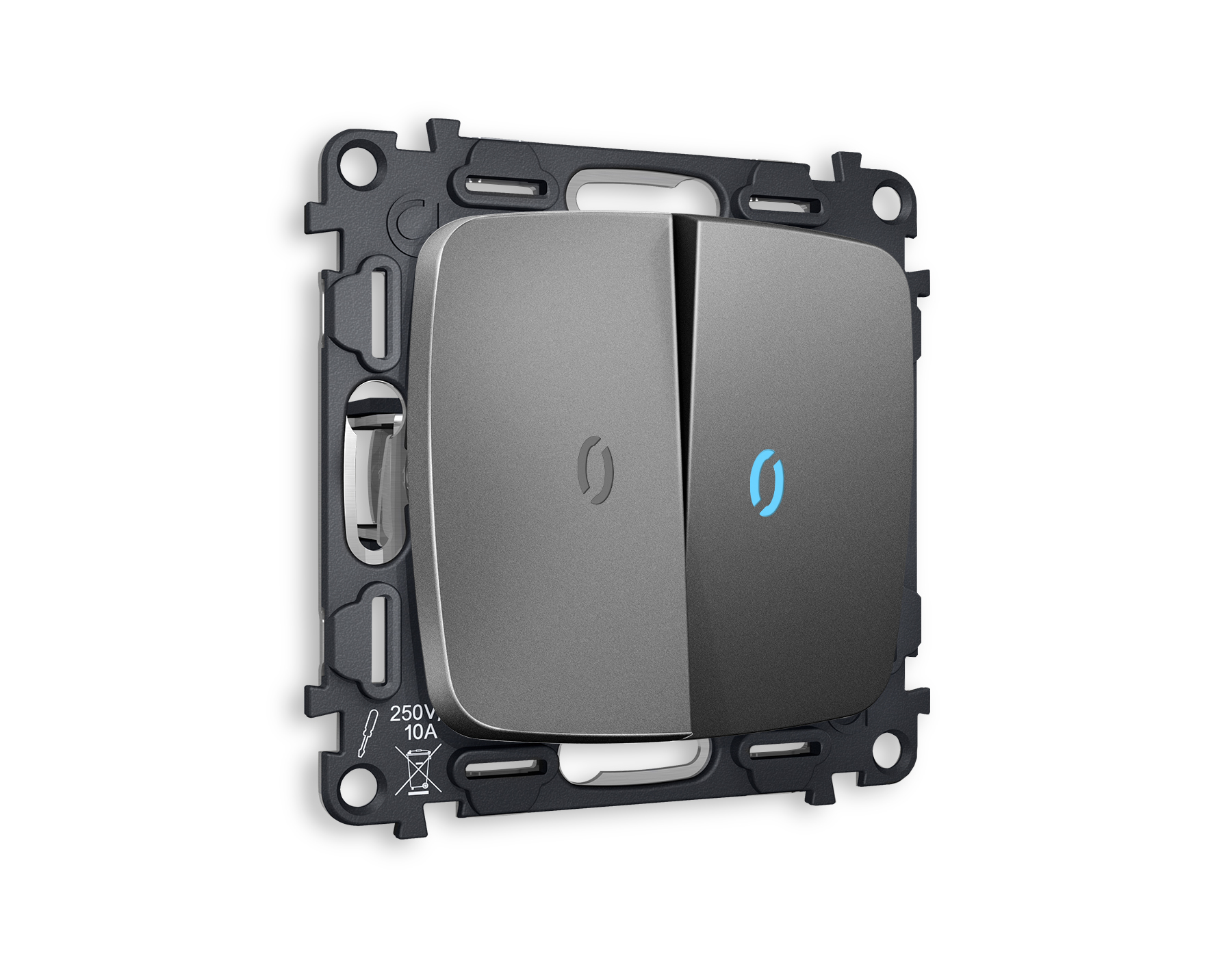 MO654020 Комплект механизма 2-кл выключателя с подсветкой 10000K OMEGA Антрацит серый QUANT (OP6540, VM115, G17B)