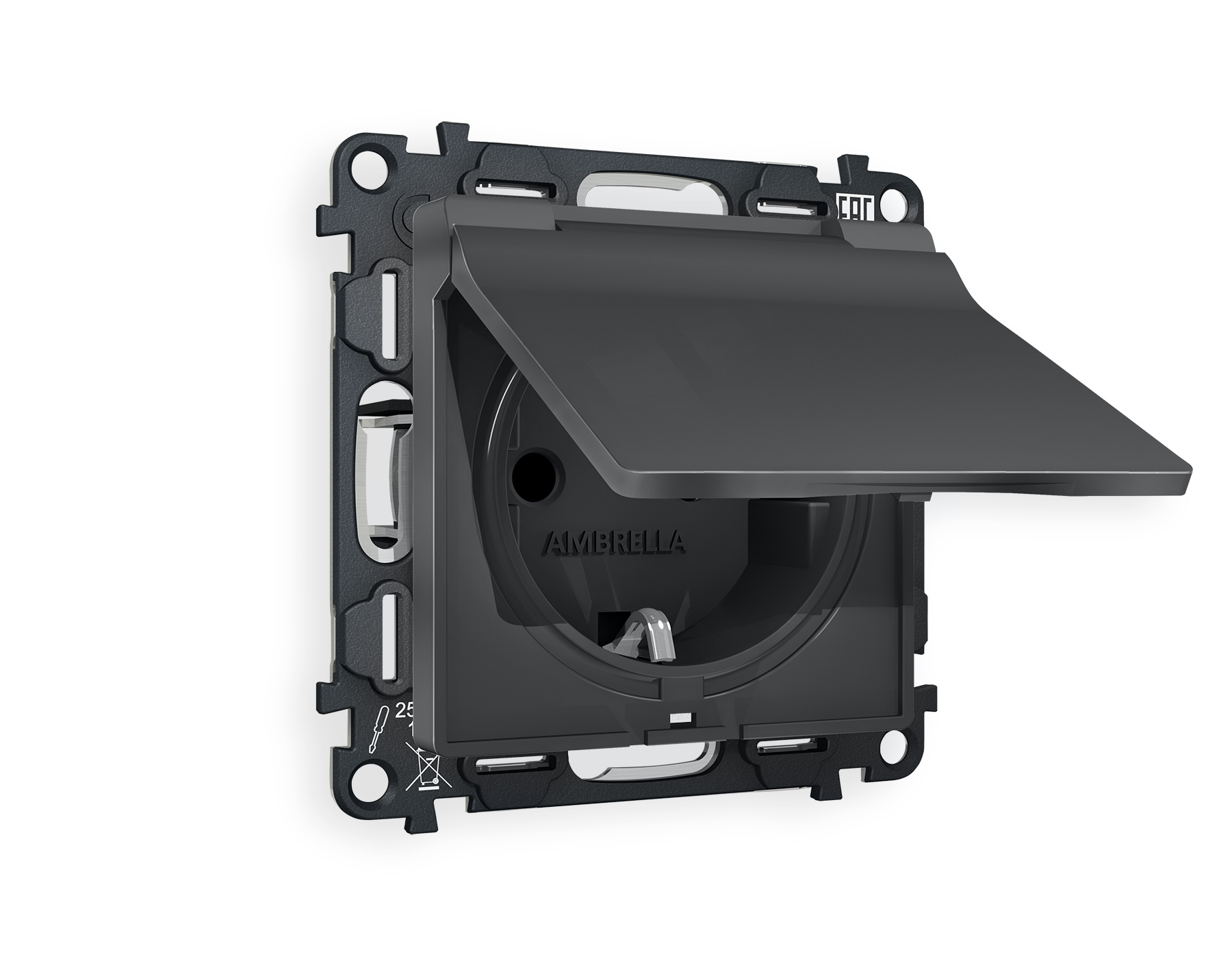 MA908010 Комплект механизма электрической розетки ALFA Графит мягкое касание с/з с шторками и крышкой IP44 QUANT (AP9080, VM141)