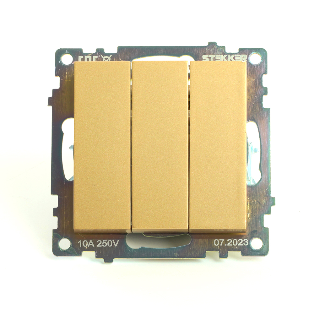 Выключатель 3-клавишный (механизм), STEKKER, GLS10-7108-08 , 250В, 10А, серия Катрин, золото