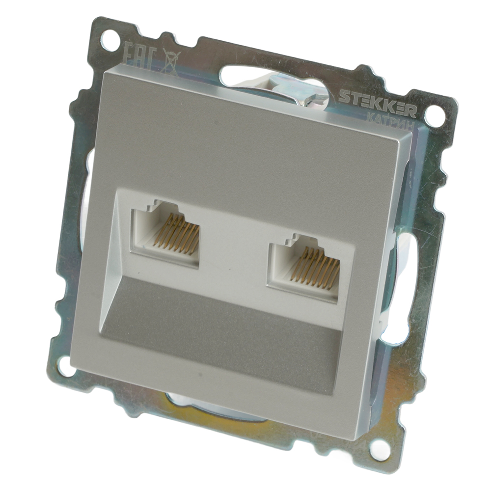 Розетка компьютерная 2-местная RJ-45 (механизм) STEKKER GLS00-7109-03 , серия Катрин, серебро