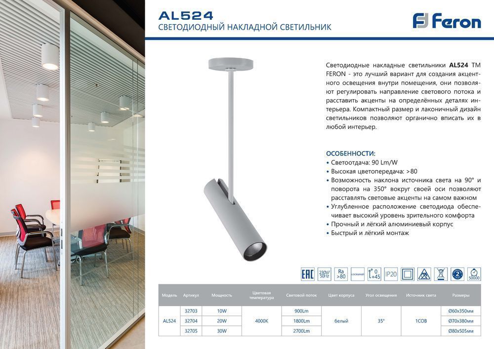 Светодиодный светильник Feron AL524 накладной 10W 4000K белый