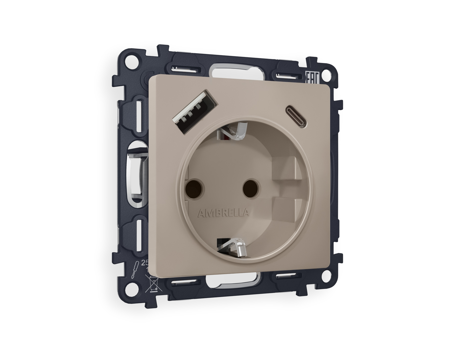 MA370010 Комплект механизма электрической розетки ALFA Серо-бежевый матовый 2USB A+C 20W (быстрая зарядка) с/з QUANT (AP3700, VM160)