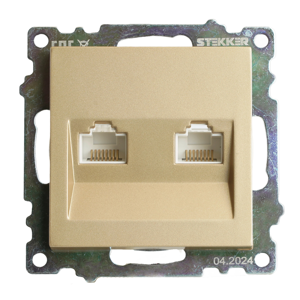 Розетка компьютерная 2-местная RJ-45 (механизм) STEKKER GLS00-7109-08, серия Катрин, золото