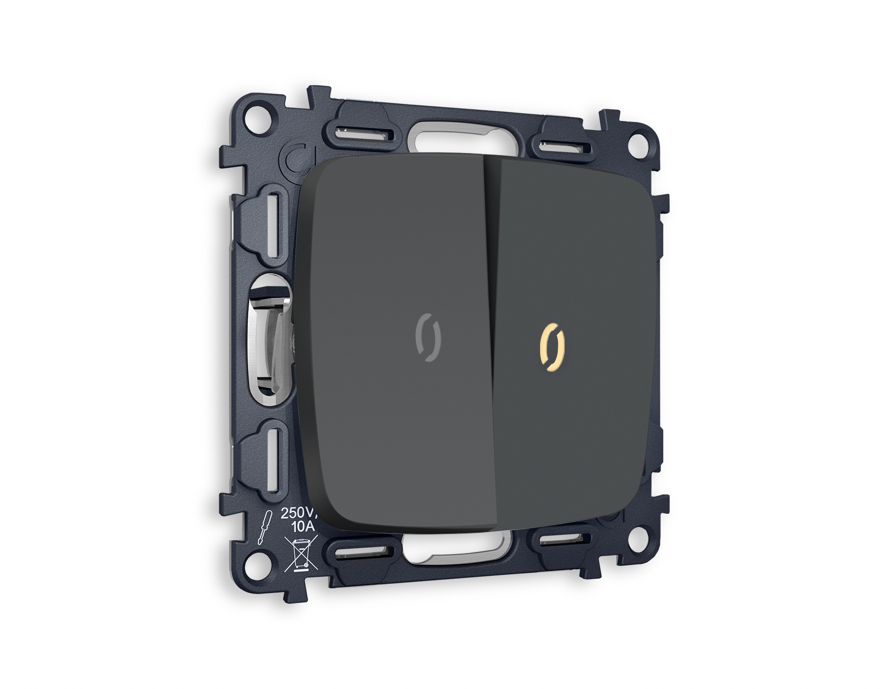 MO904010 Комплект механизма 2-кл выключателя с подсветкой 3200K OMEGA Графит мягкое касание QUANT (OP9040, VM115, G11Y)