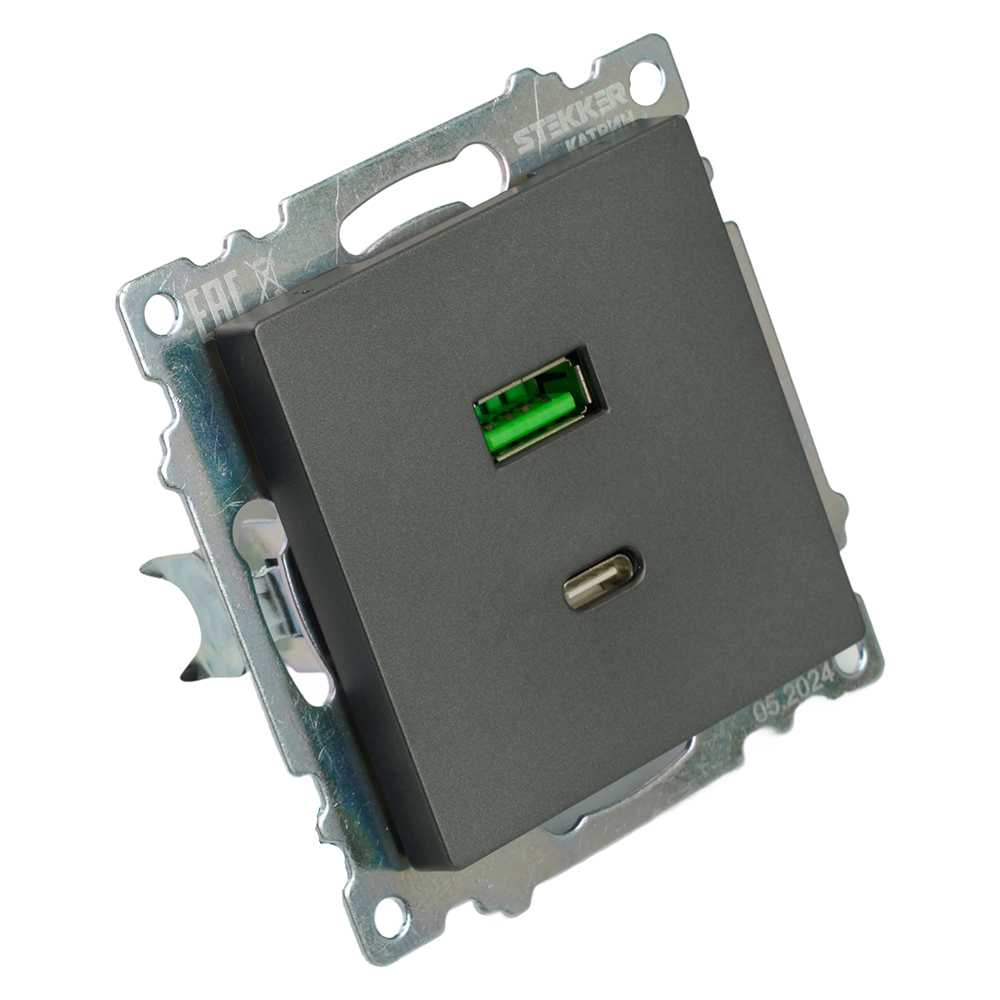 Розетка 2-местная USB + type C (механизм), 250В, 3А, max 20W, серия Катрин, графит, GLS10-7116-06