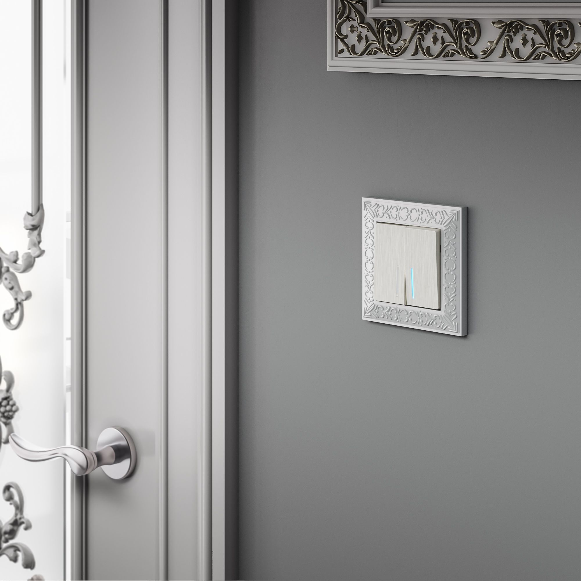 Выключатель  двухклавишный проходной с подсветкой WERKEL (перламутровый рифленый) WL13-SW-2G-2W-LED / W1122113 / a040898