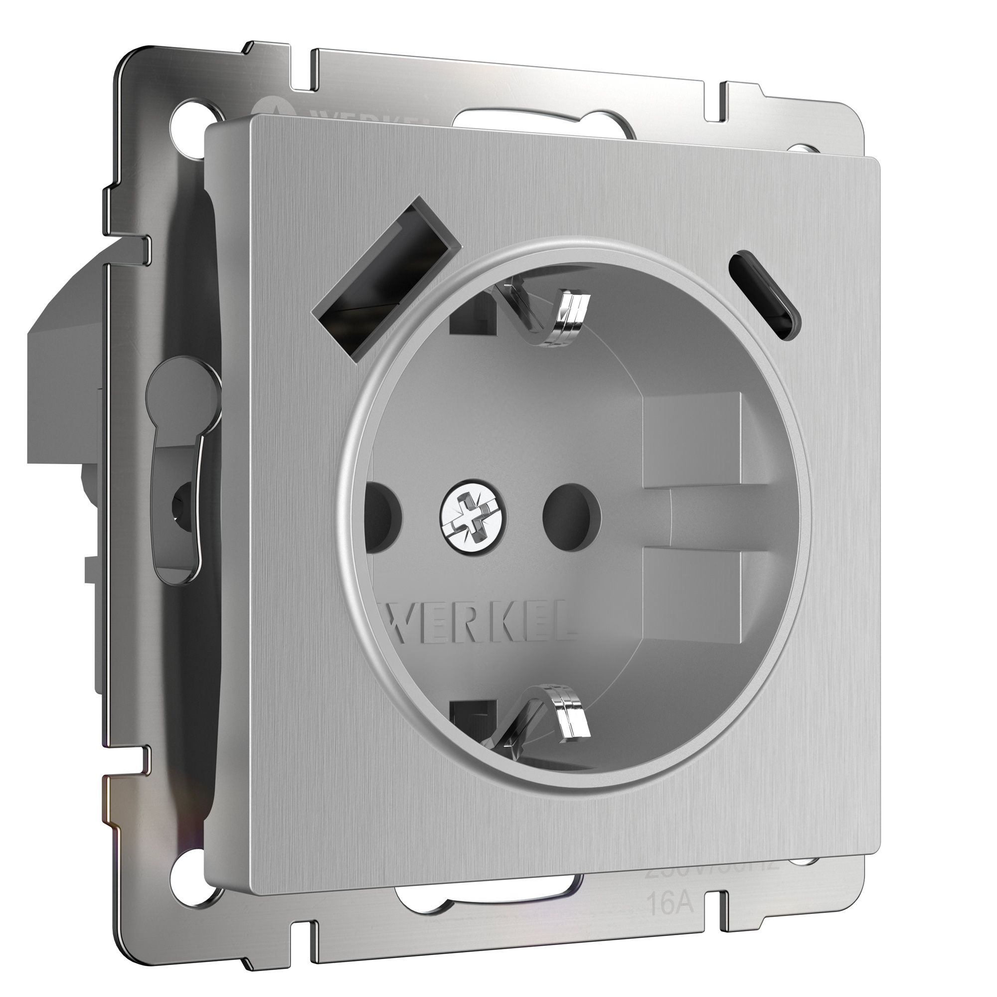 Розетка с заземлением, шторками и USB тип A+C WERKEL (серебряный рифленый ) W1171709