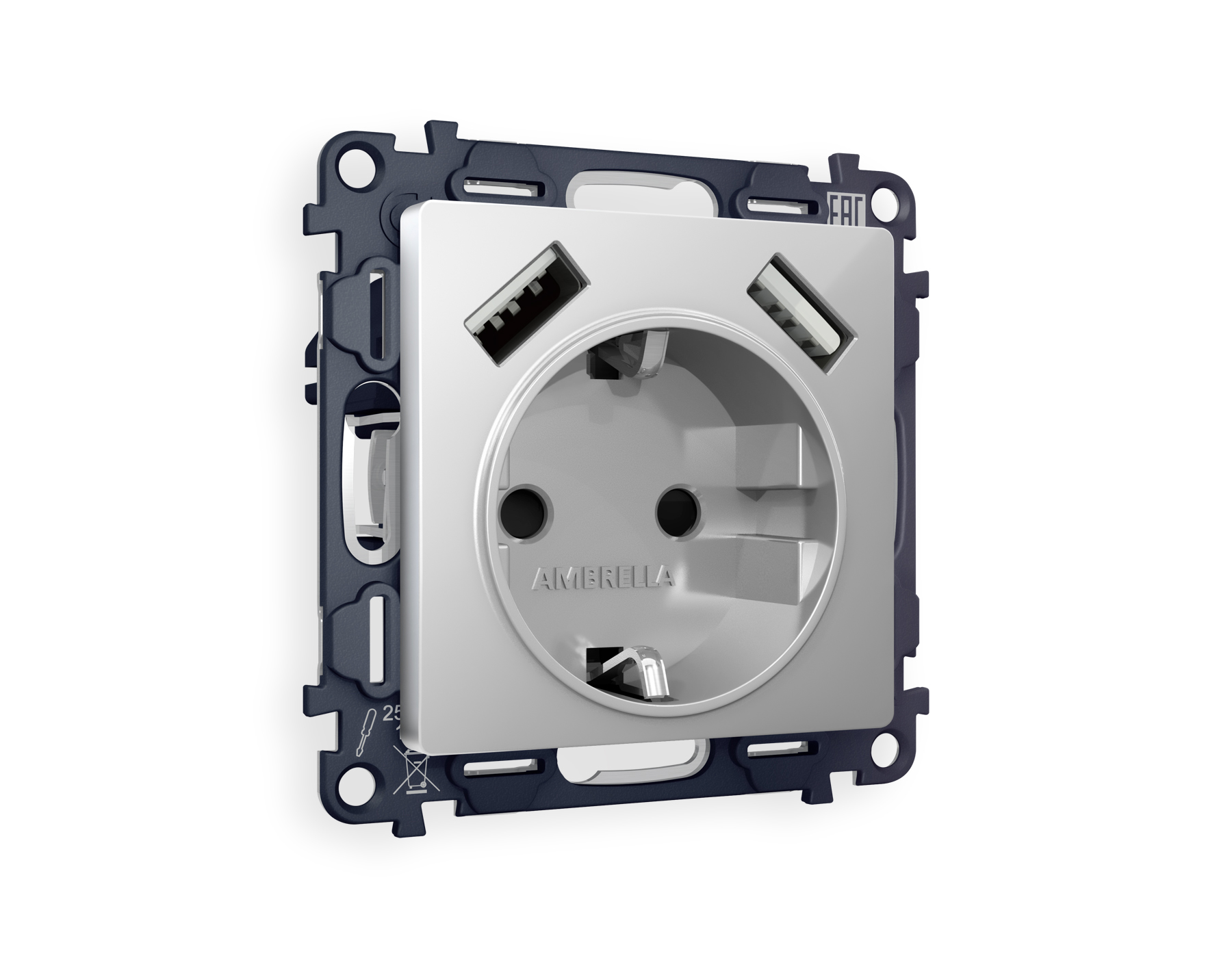 MA409010 Комплект механизма электрической розетки ALFA Серебро глянец 2USB A+A 18W (быстрая зарядка) с/з QUANT (AP4090, VM155)